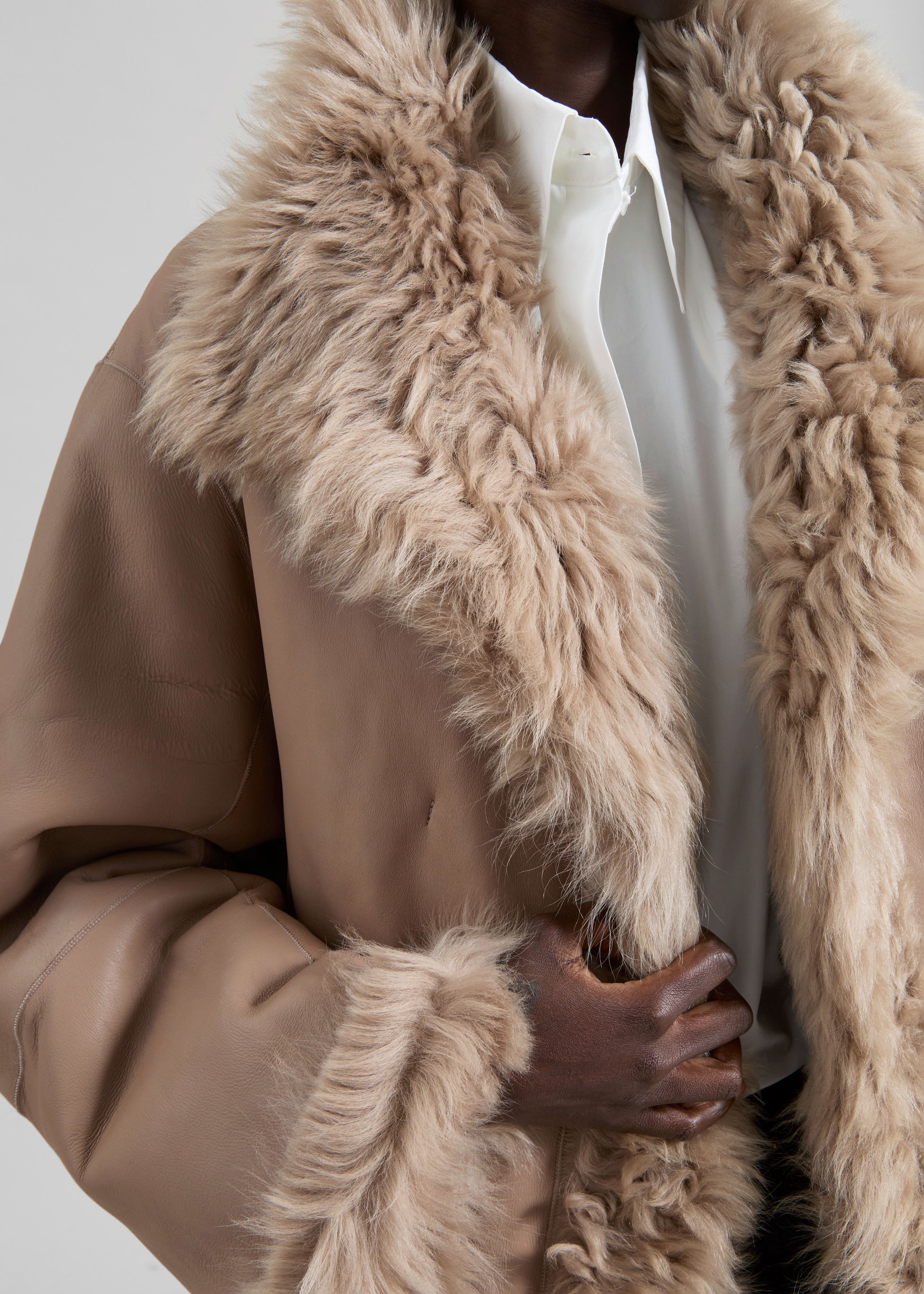 REMAIN Reversible Long Hair Shearling Coat - Pebble - 5