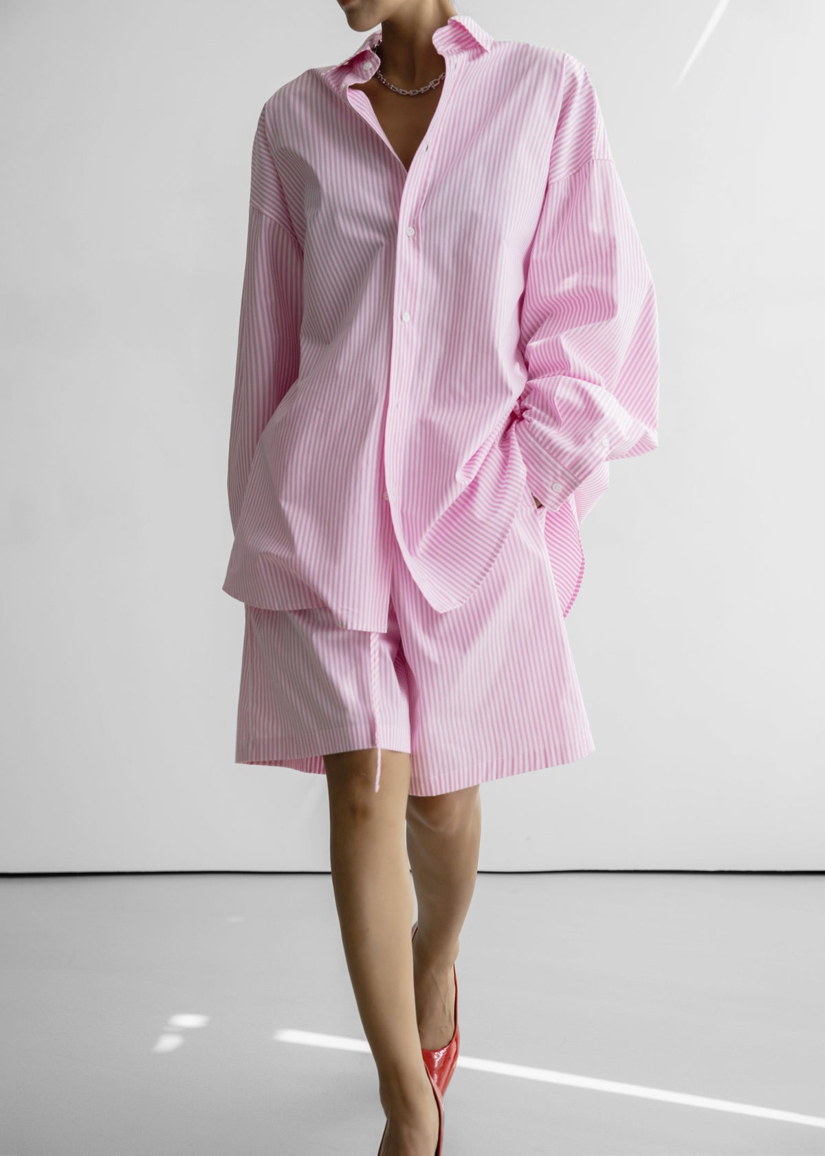 Rimini Oversized Poplin Shirt - Pink/White Stripe - 1