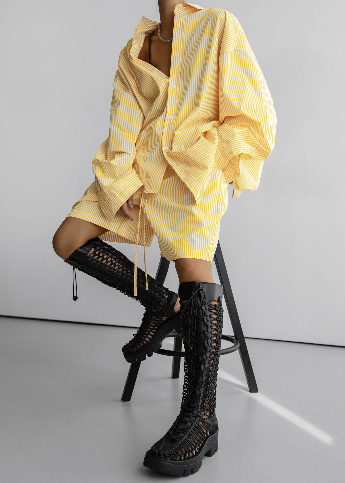 Rimini Oversized Poplin Shirt - Yellow/White Stripe - 7