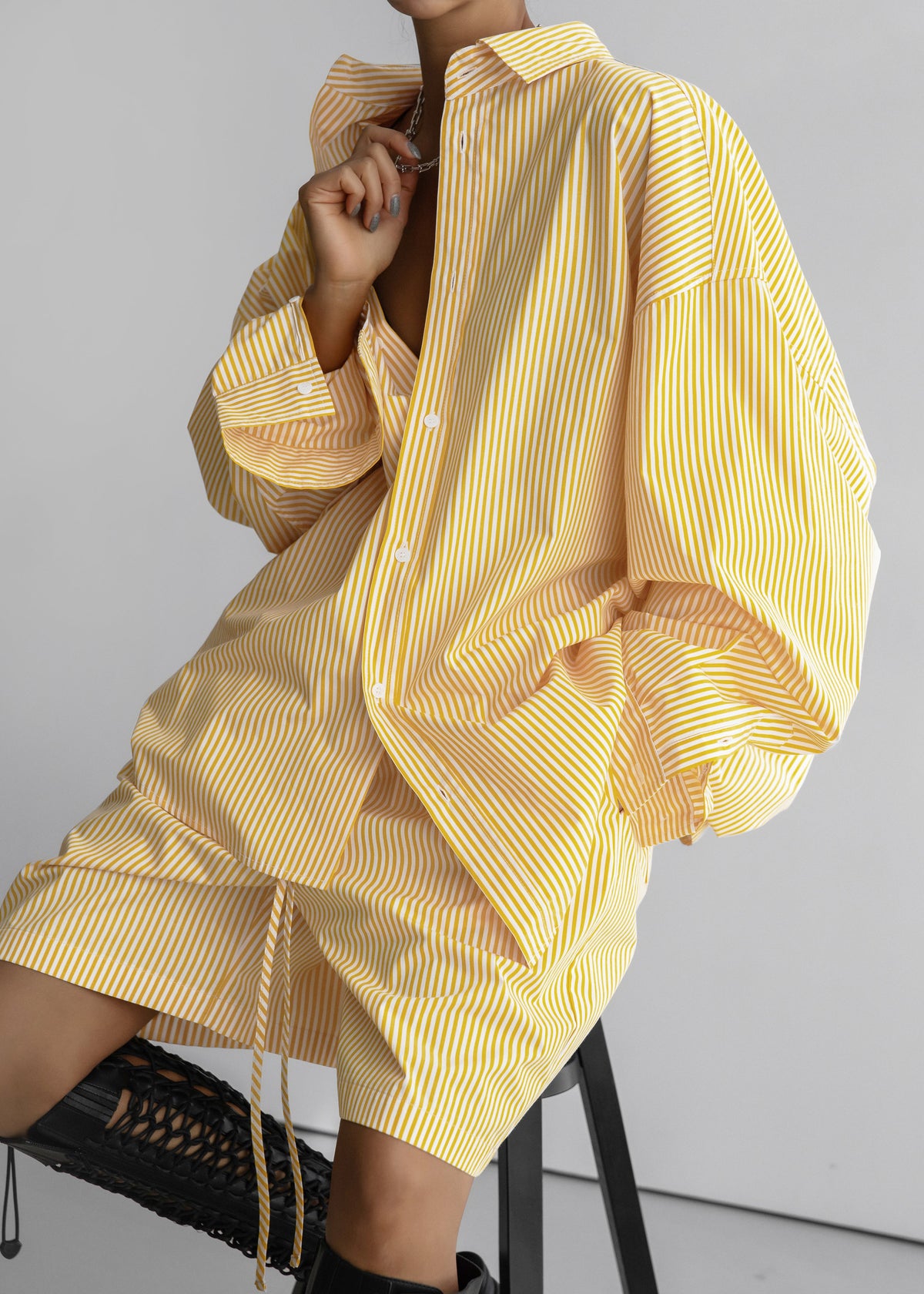 Rimini Oversized Poplin Shirt - Yellow/White Stripe - 8