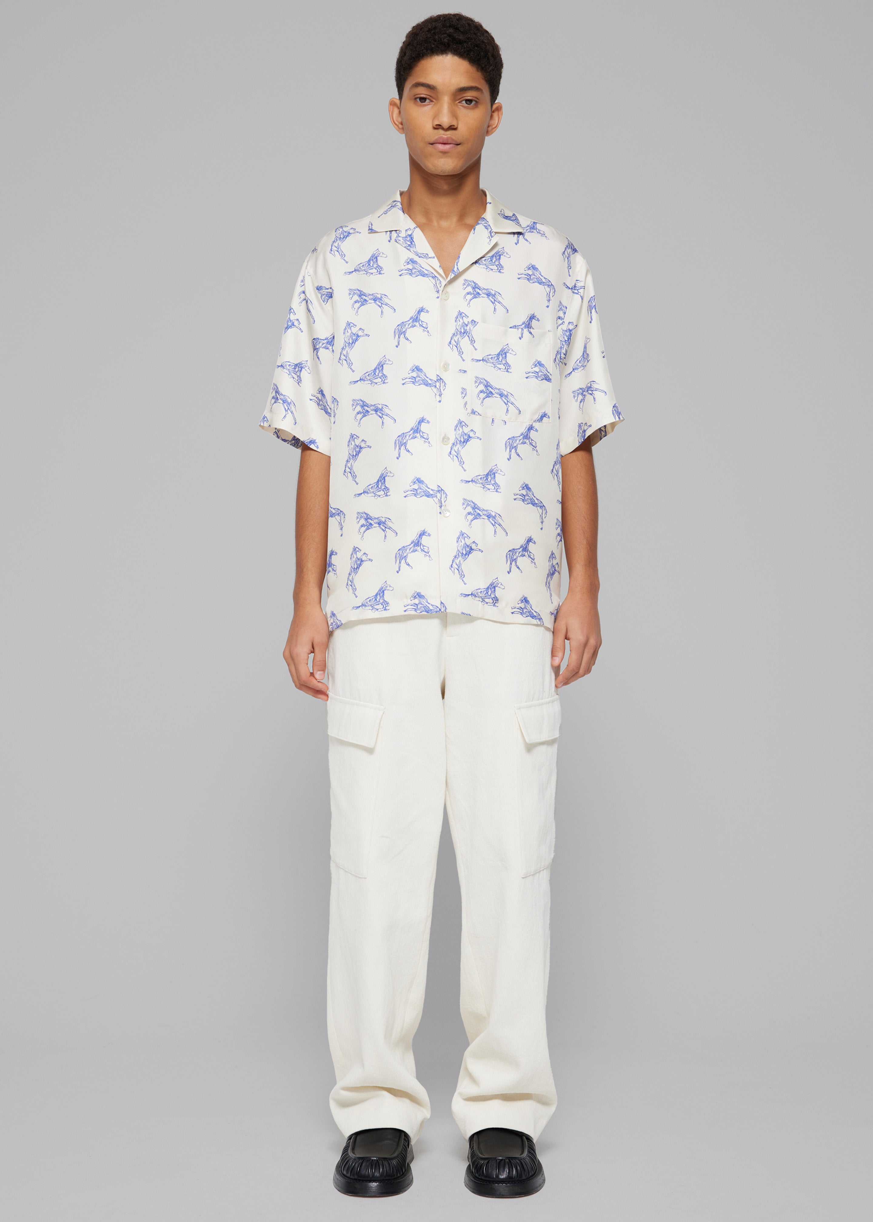 Róhe Silk Ballpoint Horse Shirt - Horse Print Ballpoint Blue - 2