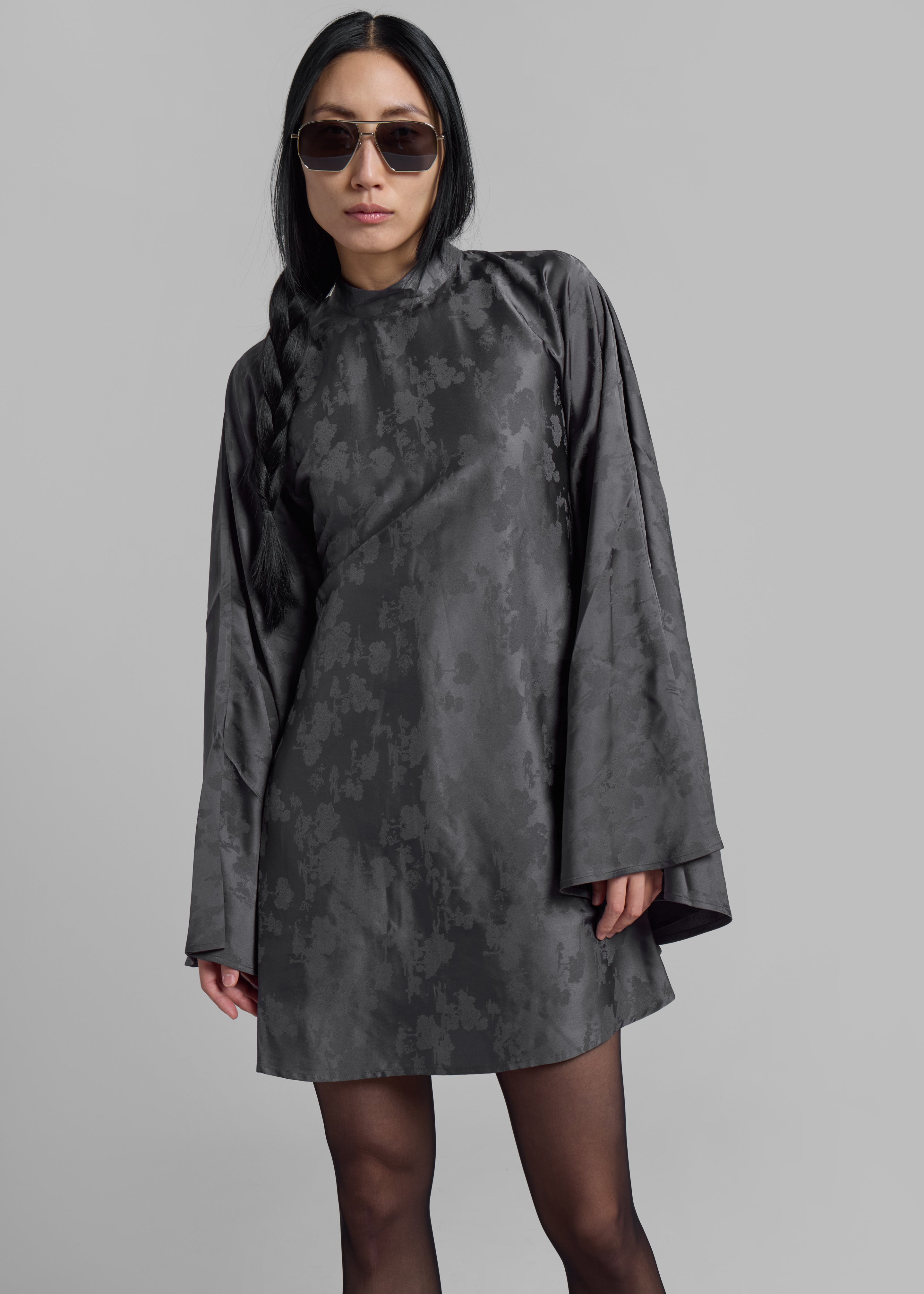 Rotate Bat Sleeve Mini Dress - Gray Print - 5