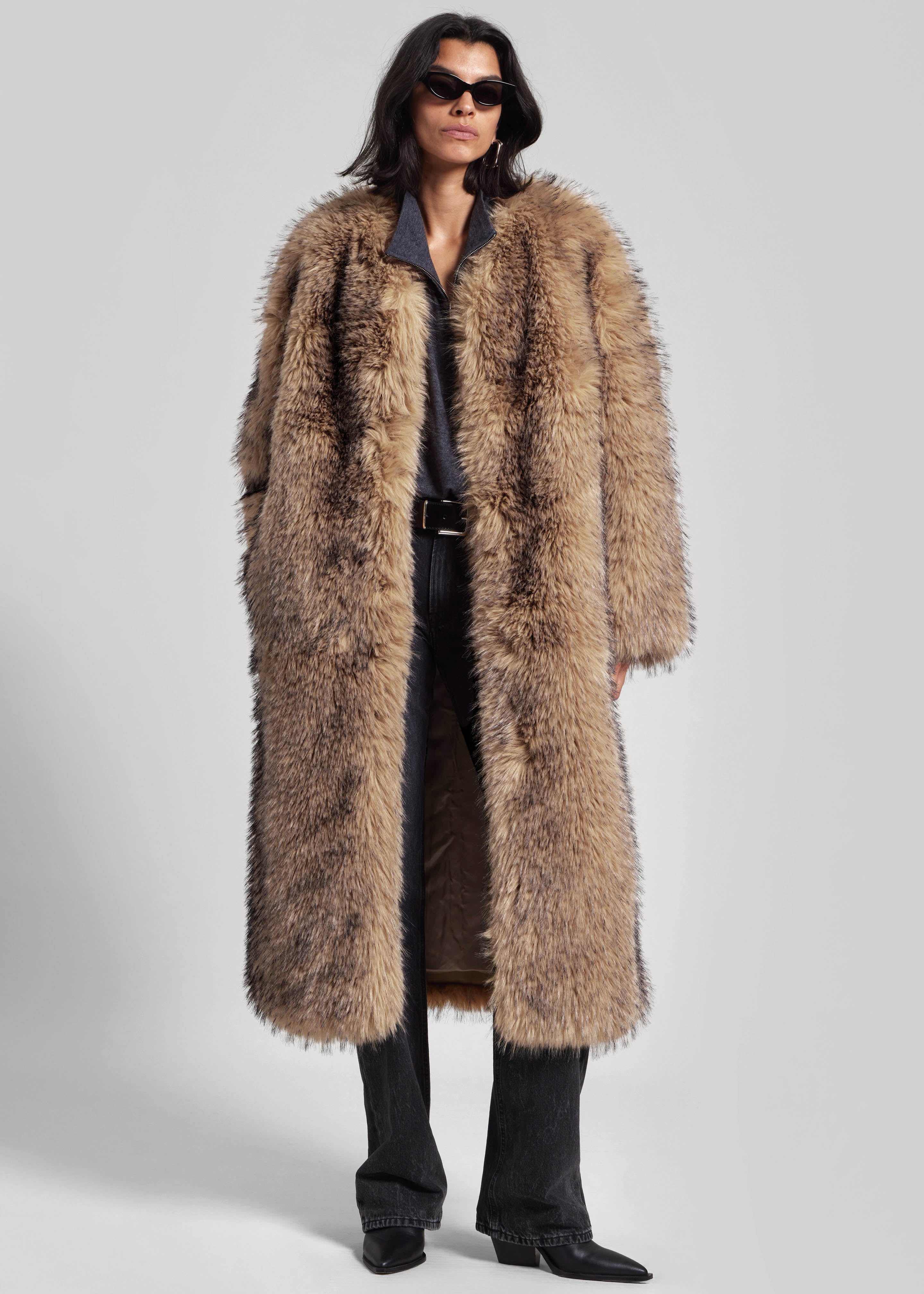Rotate Faux Fur Long Coat - Nougat - 1