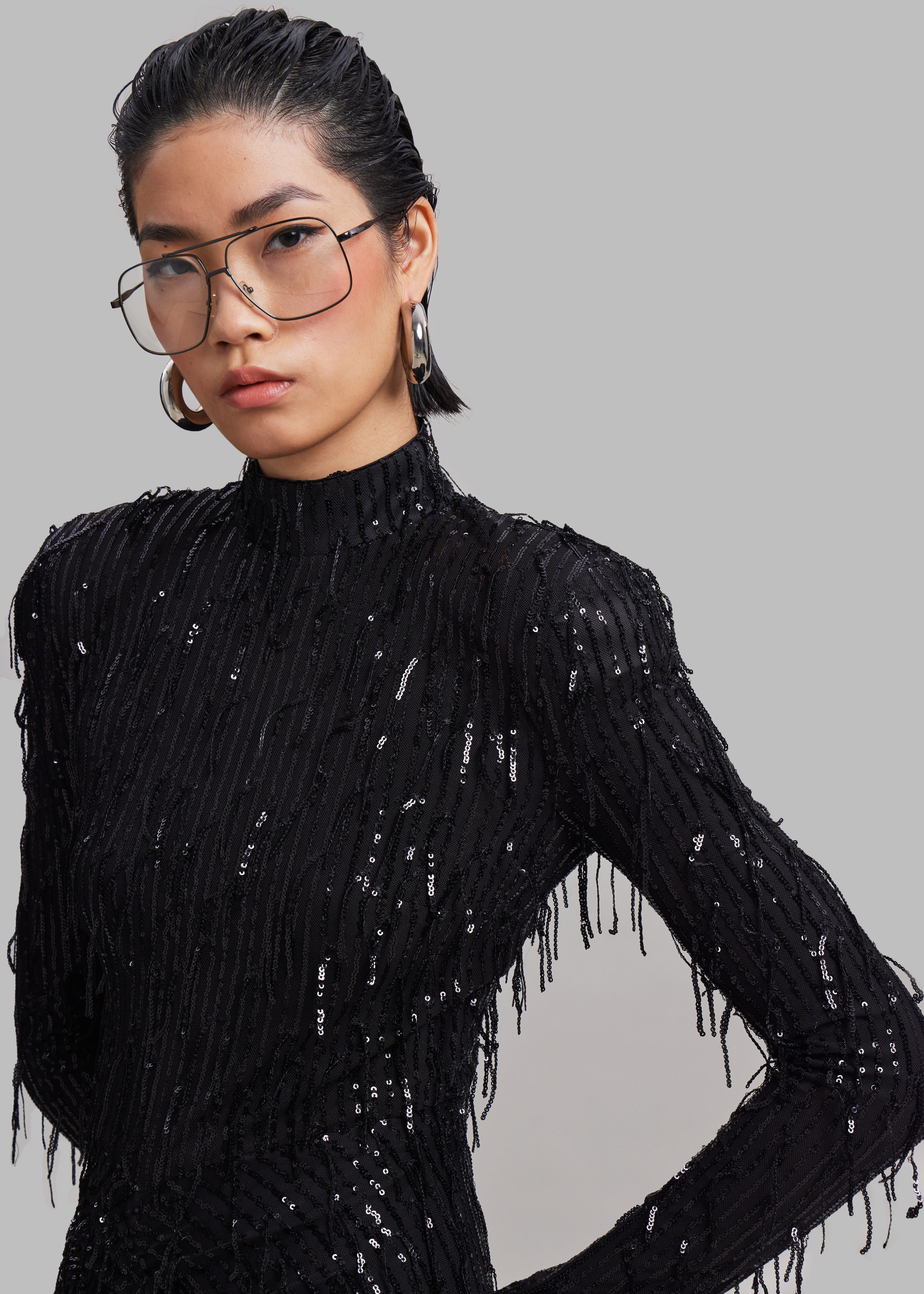 ROTATE Sequin Fringe Mini Dress - Black - 1