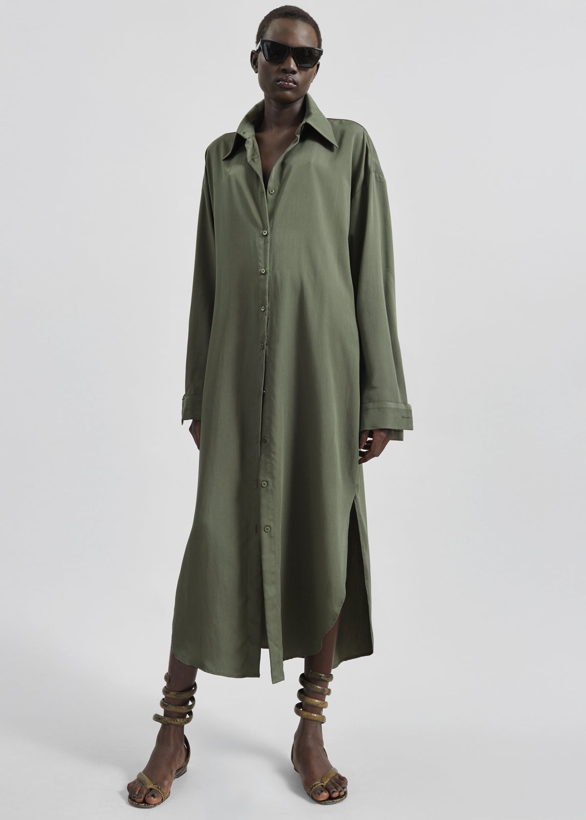 Silvan Neck Tie Shirt Dress - Olive - 5