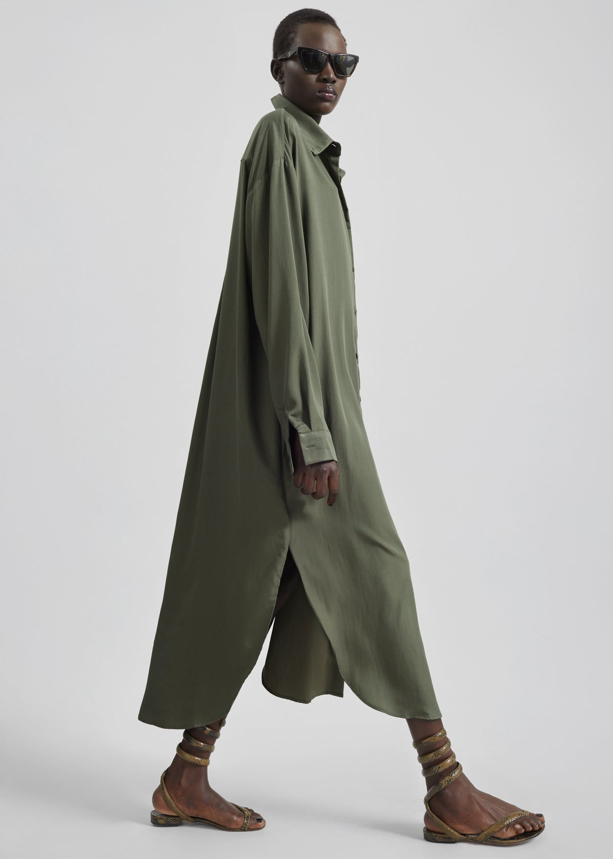 Silvan Neck Tie Shirt Dress - Olive - 1