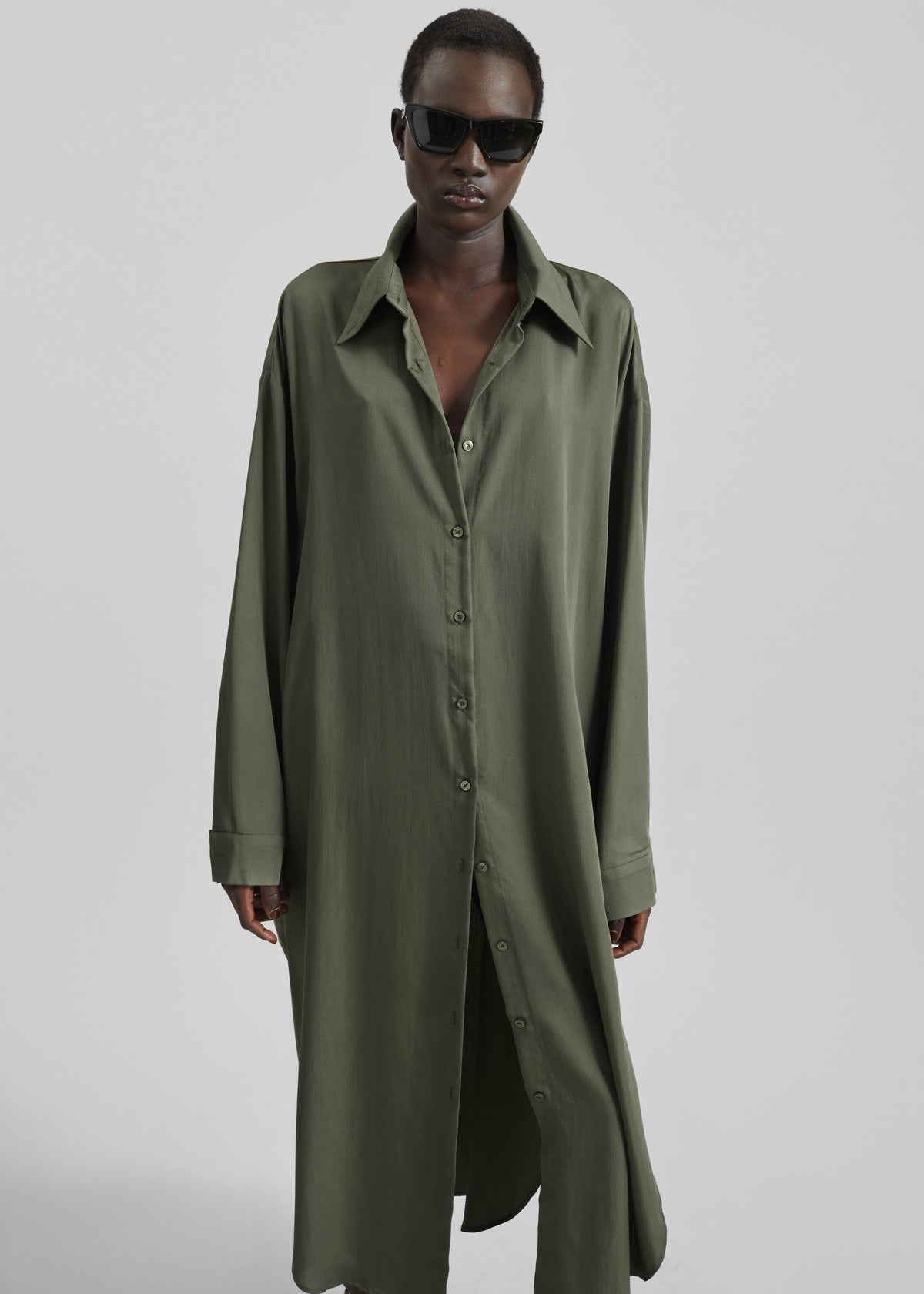 Silvan Neck Tie Shirt Dress - Olive - 2