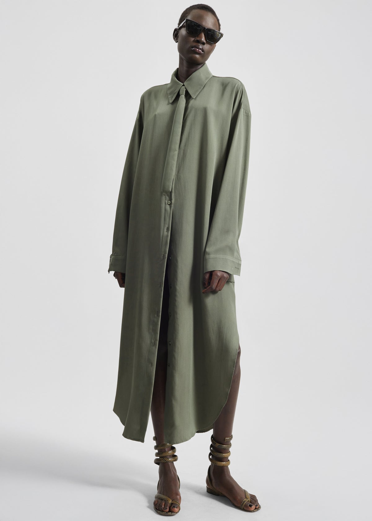 Silvan Neck Tie Shirt Dress - Olive - 3