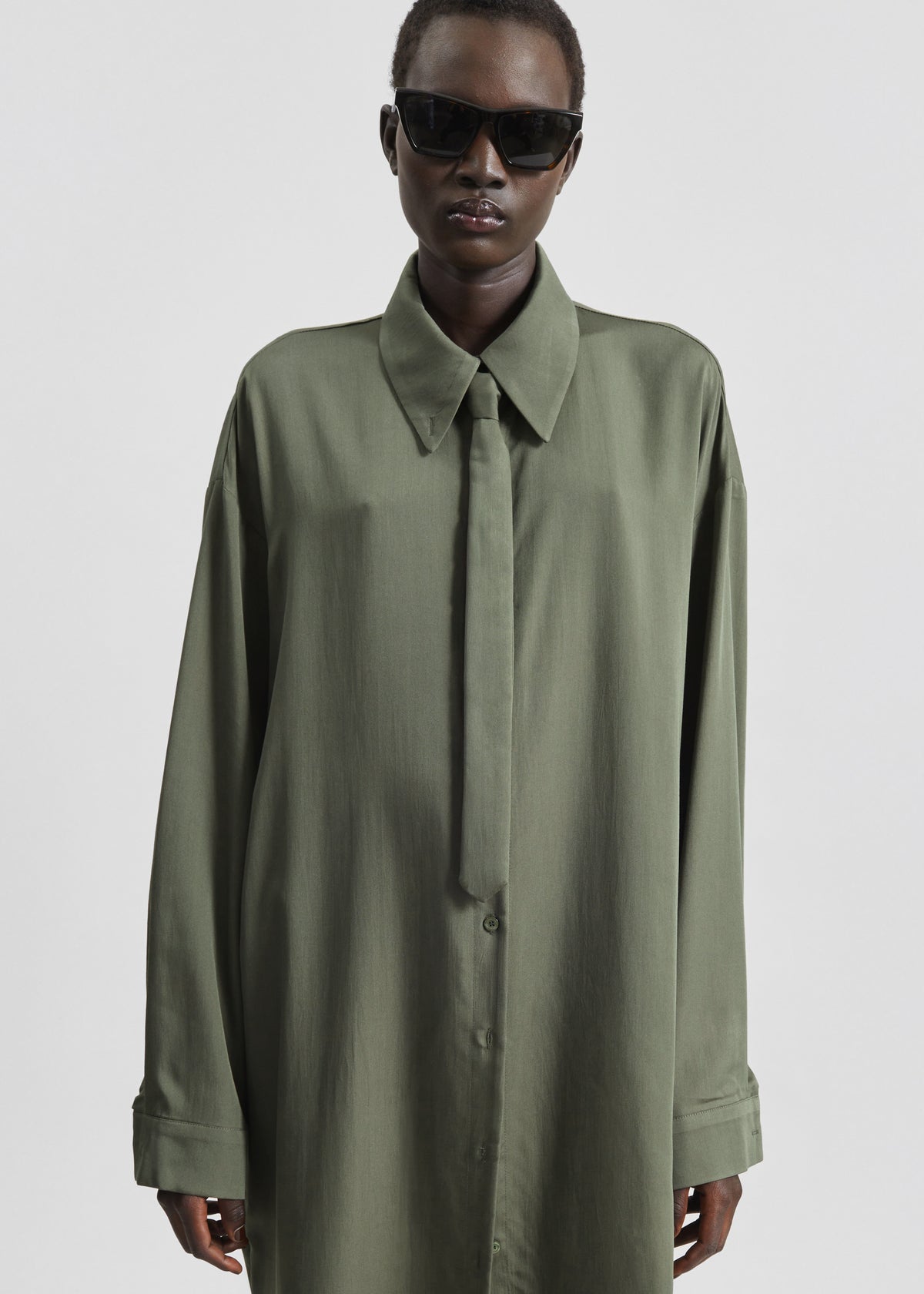 Silvan Neck Tie Shirt Dress - Olive - 7