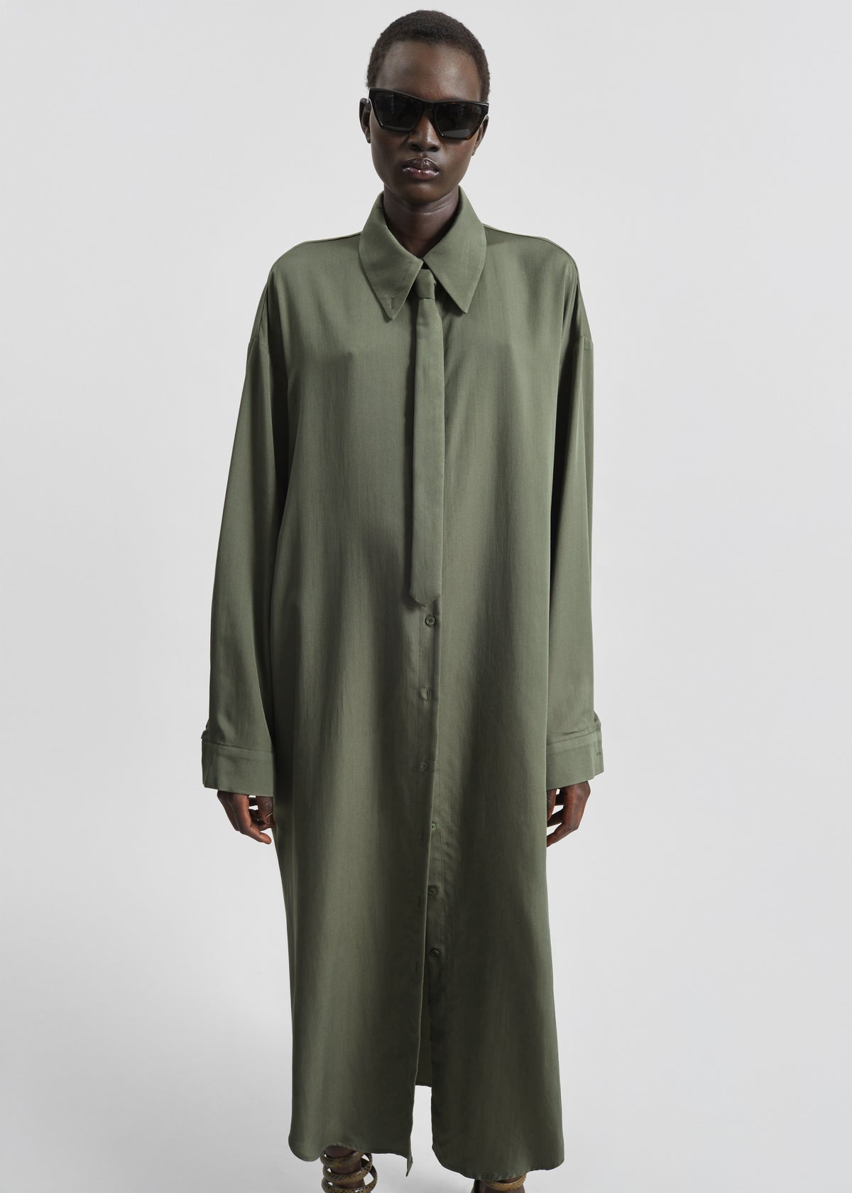 Silvan Neck Tie Shirt Dress - Olive - 8