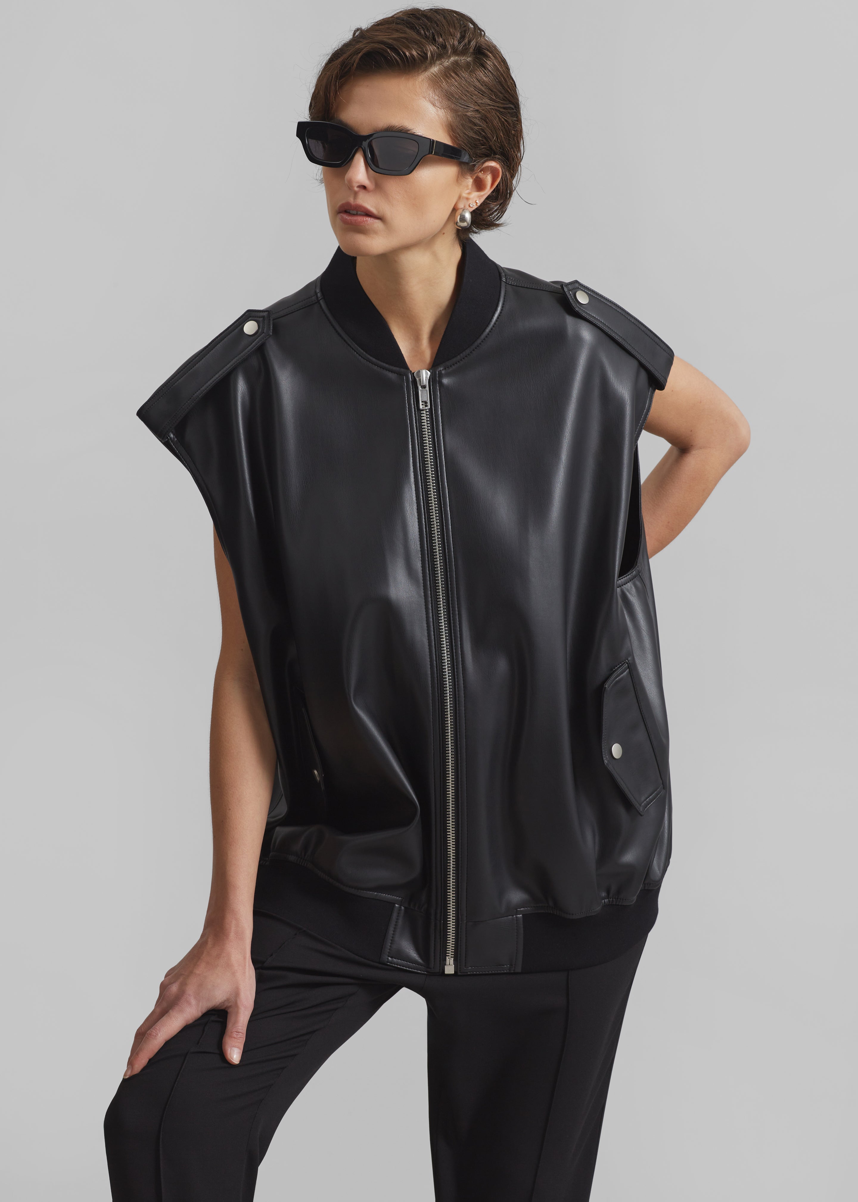 Slane Sleeveless Faux Leather Jacket - Black - 3