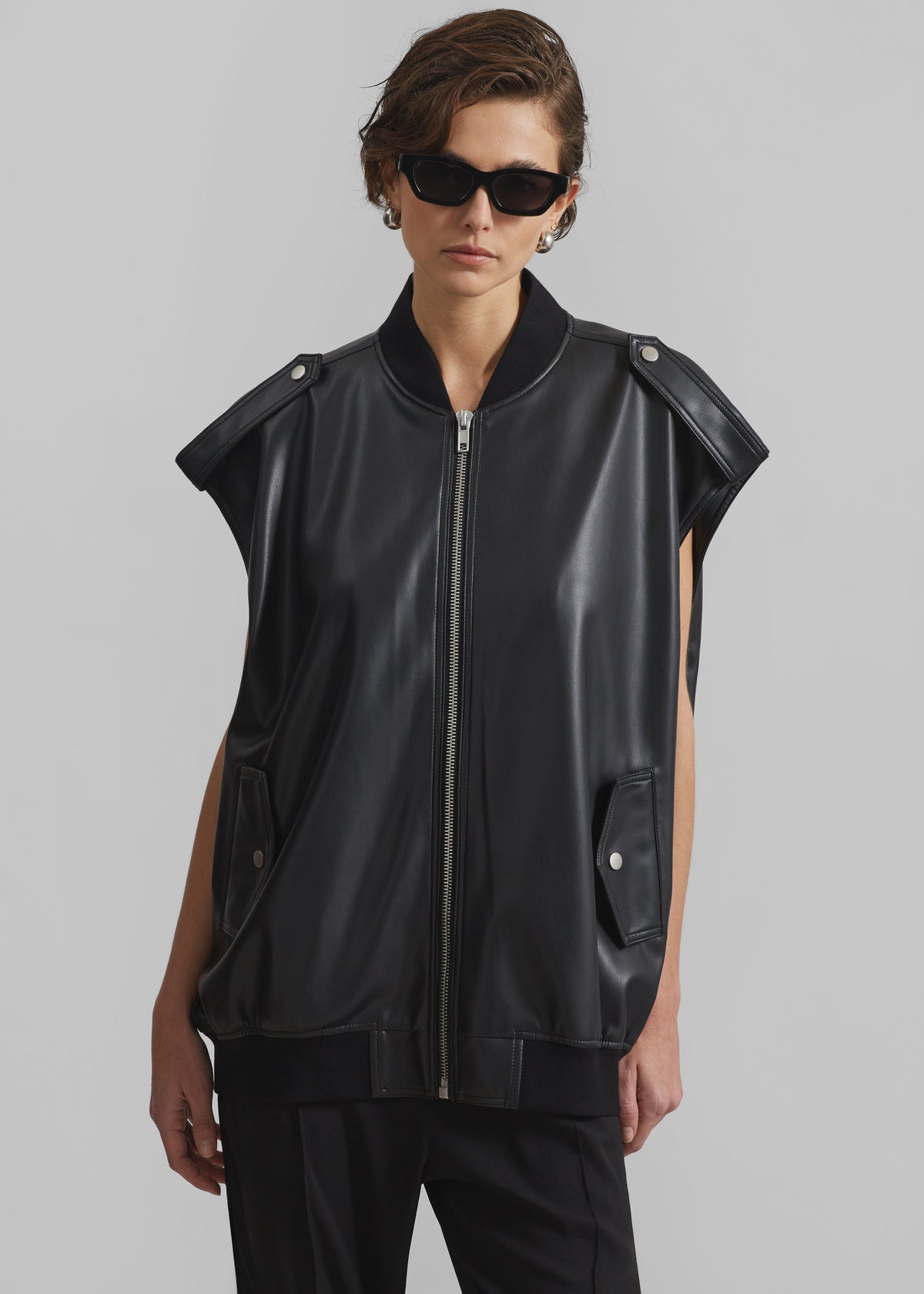 Slane Sleeveless Faux Leather Jacket - Black - 5