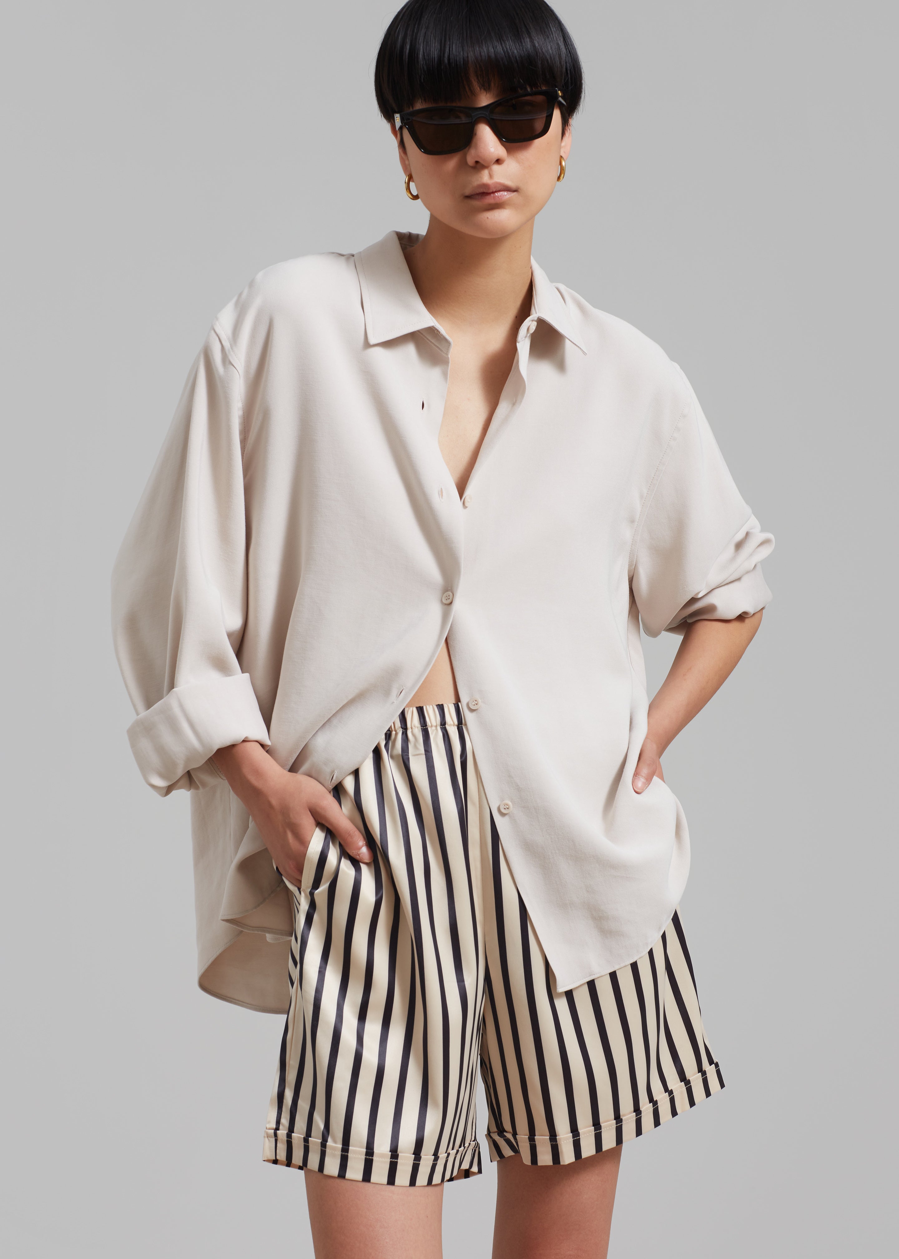 Solaqua Silk Shorts - Ecru with Black Stripes - 1
