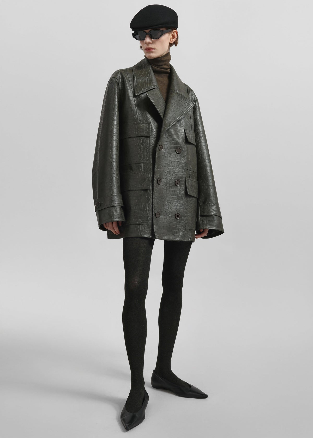 Stanton Faux Leather Croc Jacket - Dark Olive - 3