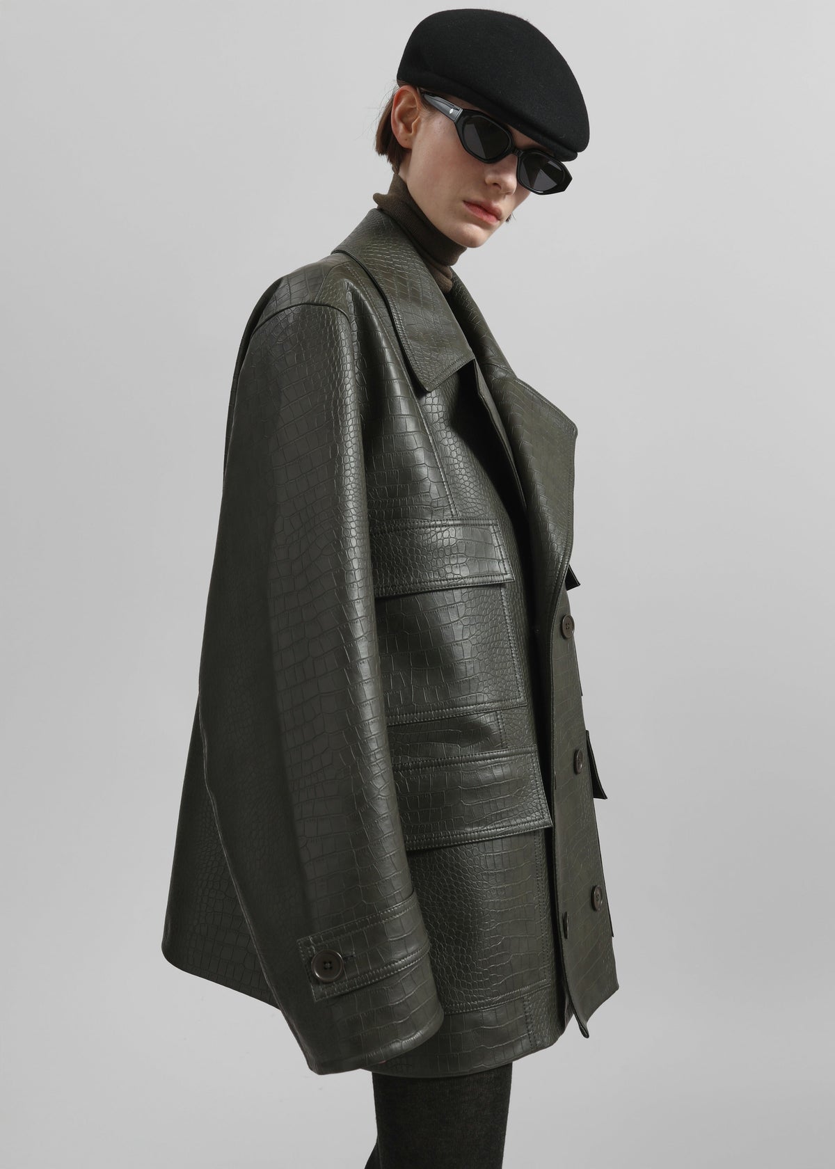 Stanton Faux Leather Croc Jacket - Dark Olive - 6