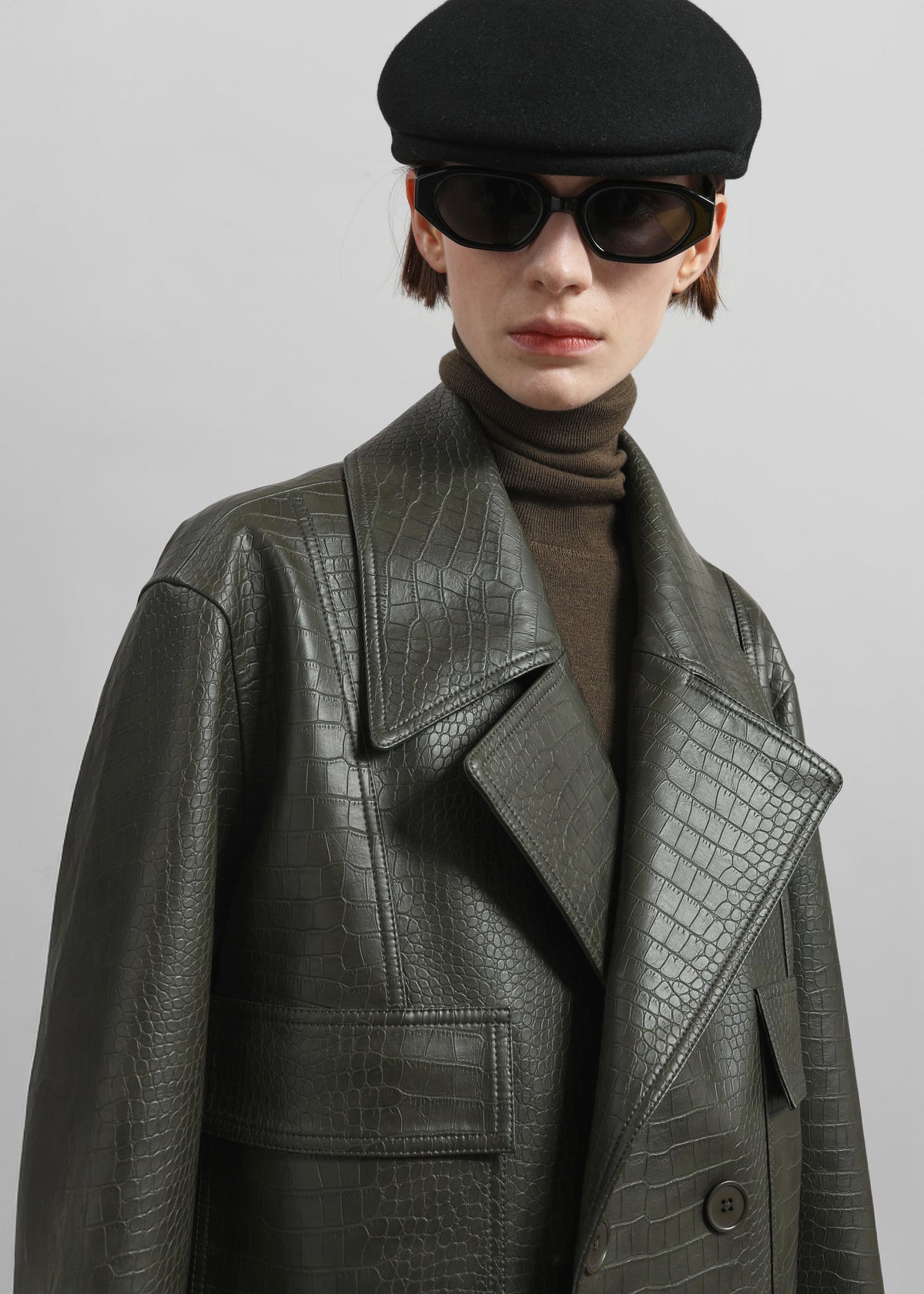 Stanton Faux Leather Croc Jacket - Dark Olive - 1