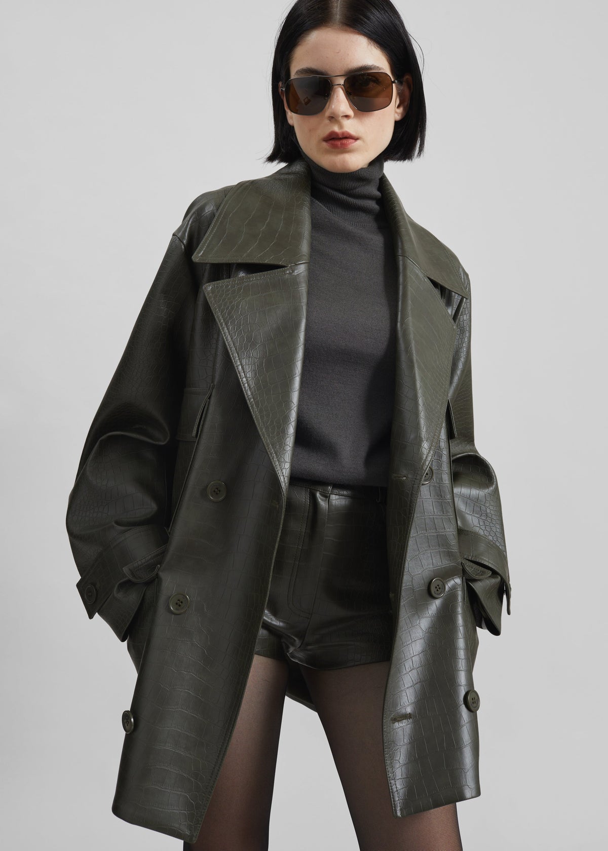 Stanton Faux Leather Croc Jacket - Dark Olive - 2