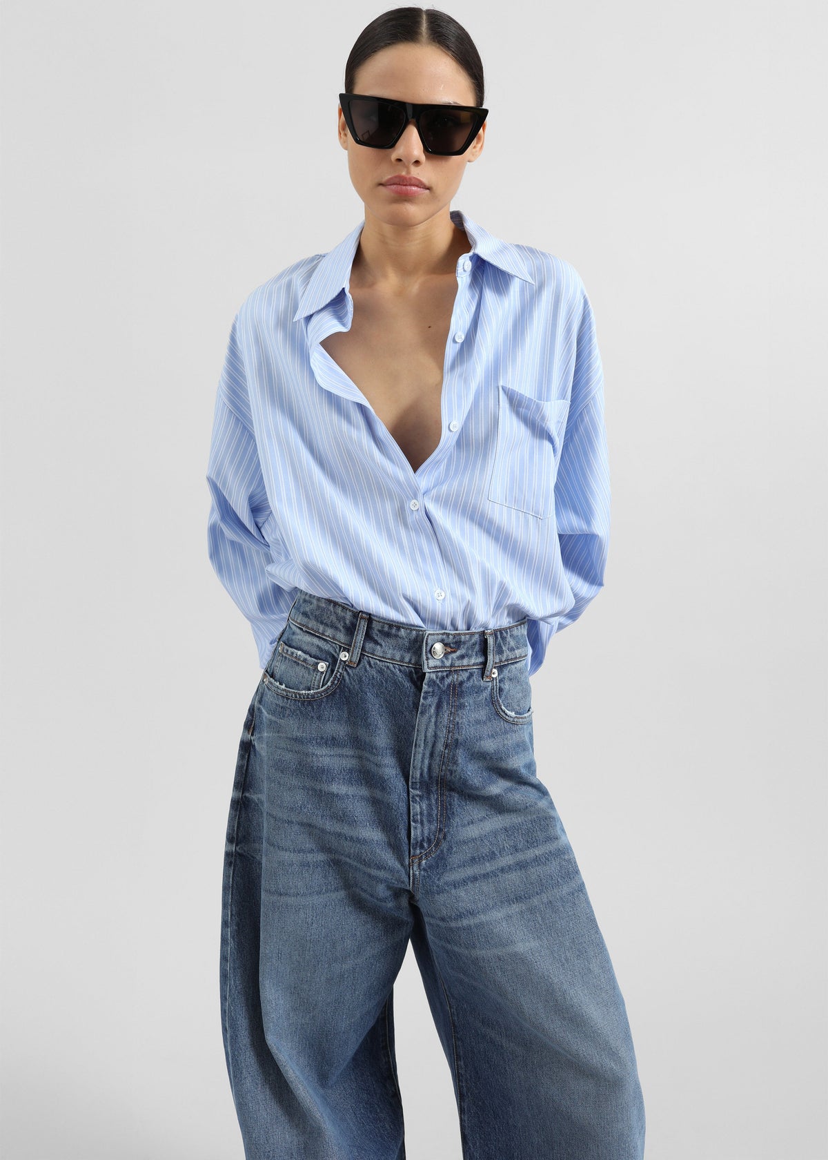 Sukma Striped Oversized Shirt - Blue - 1