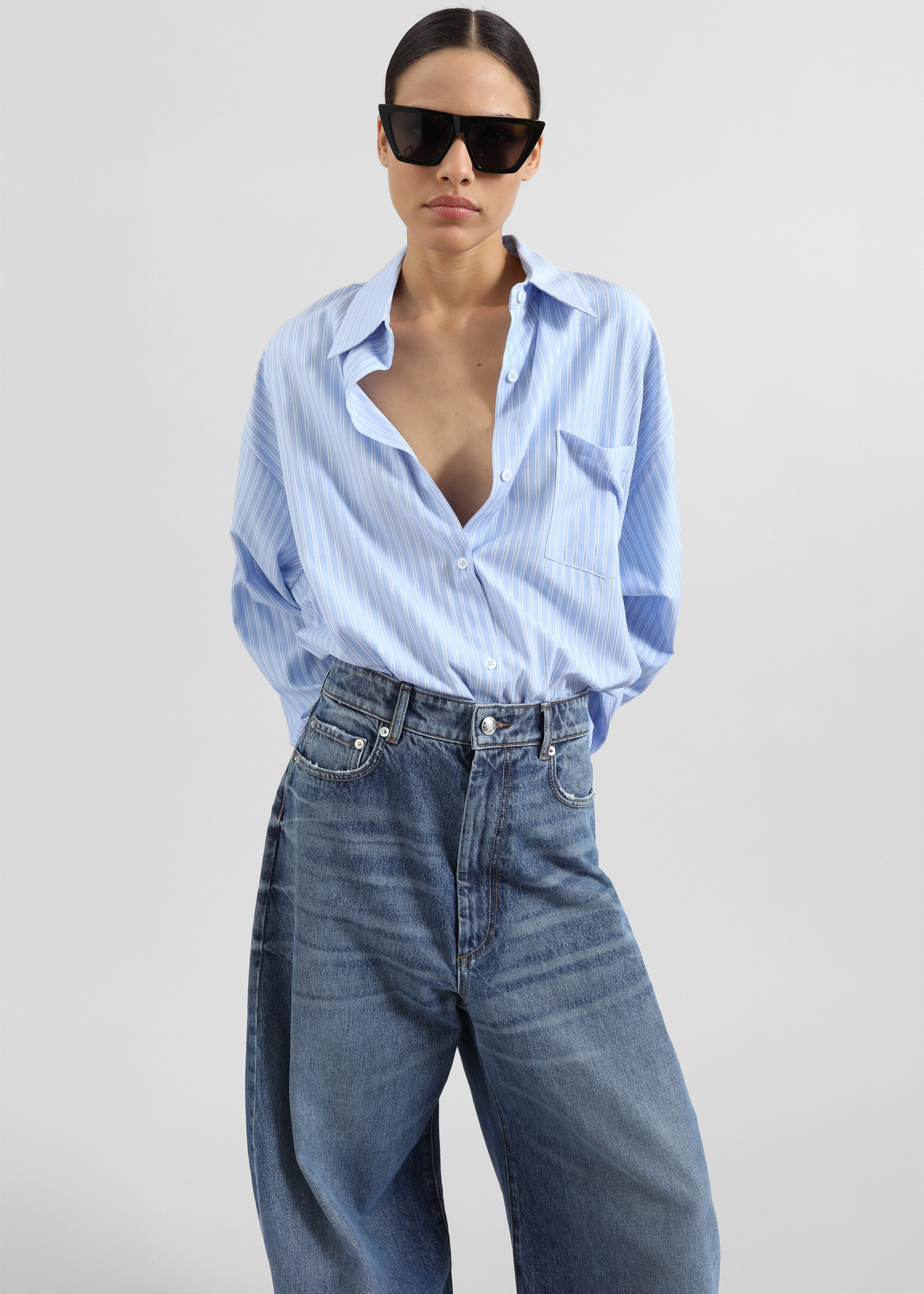 Sukma Striped Oversized Shirt - Blue - 1