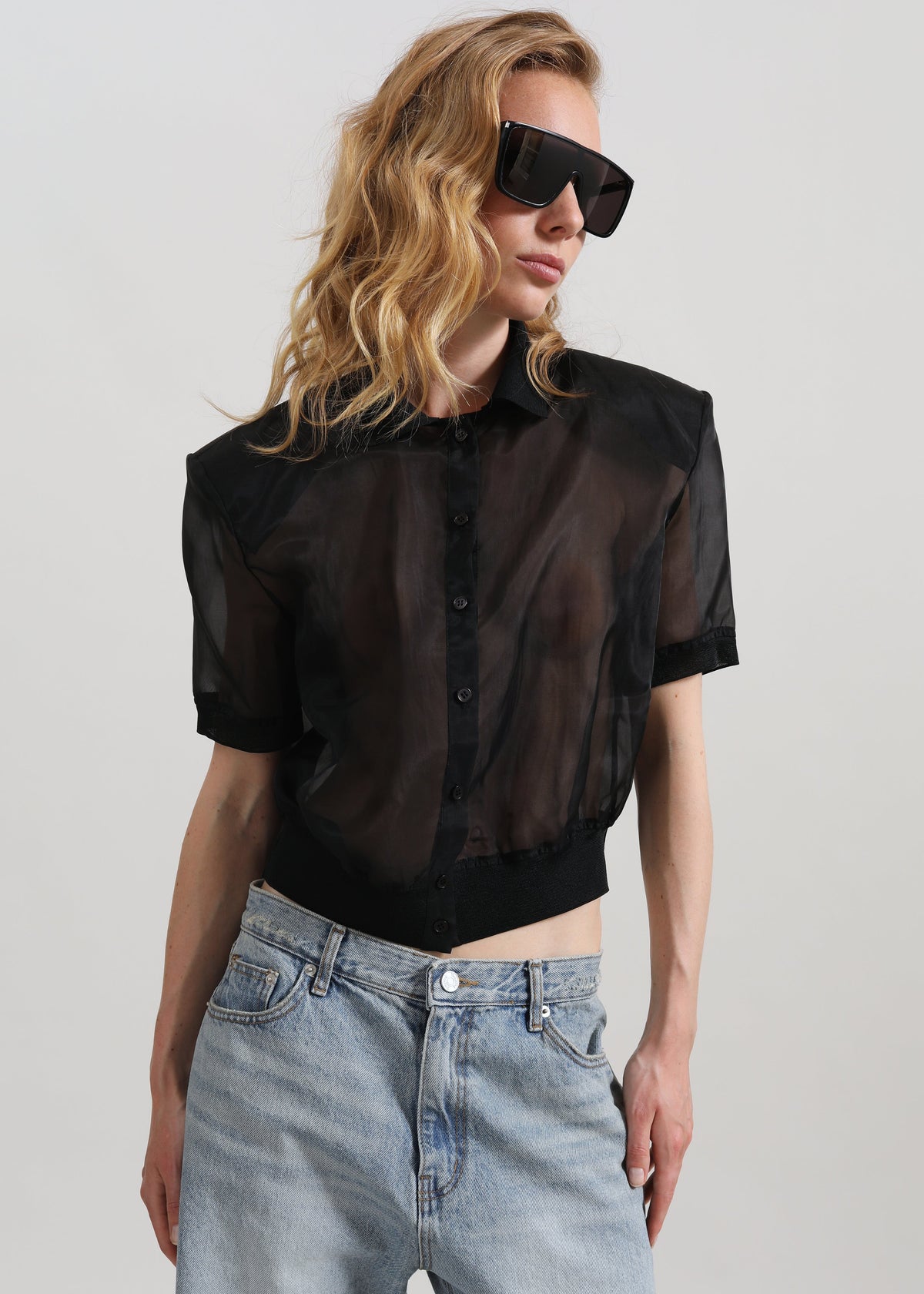 Tavy Cropped Sheer Shirt - Black - 4