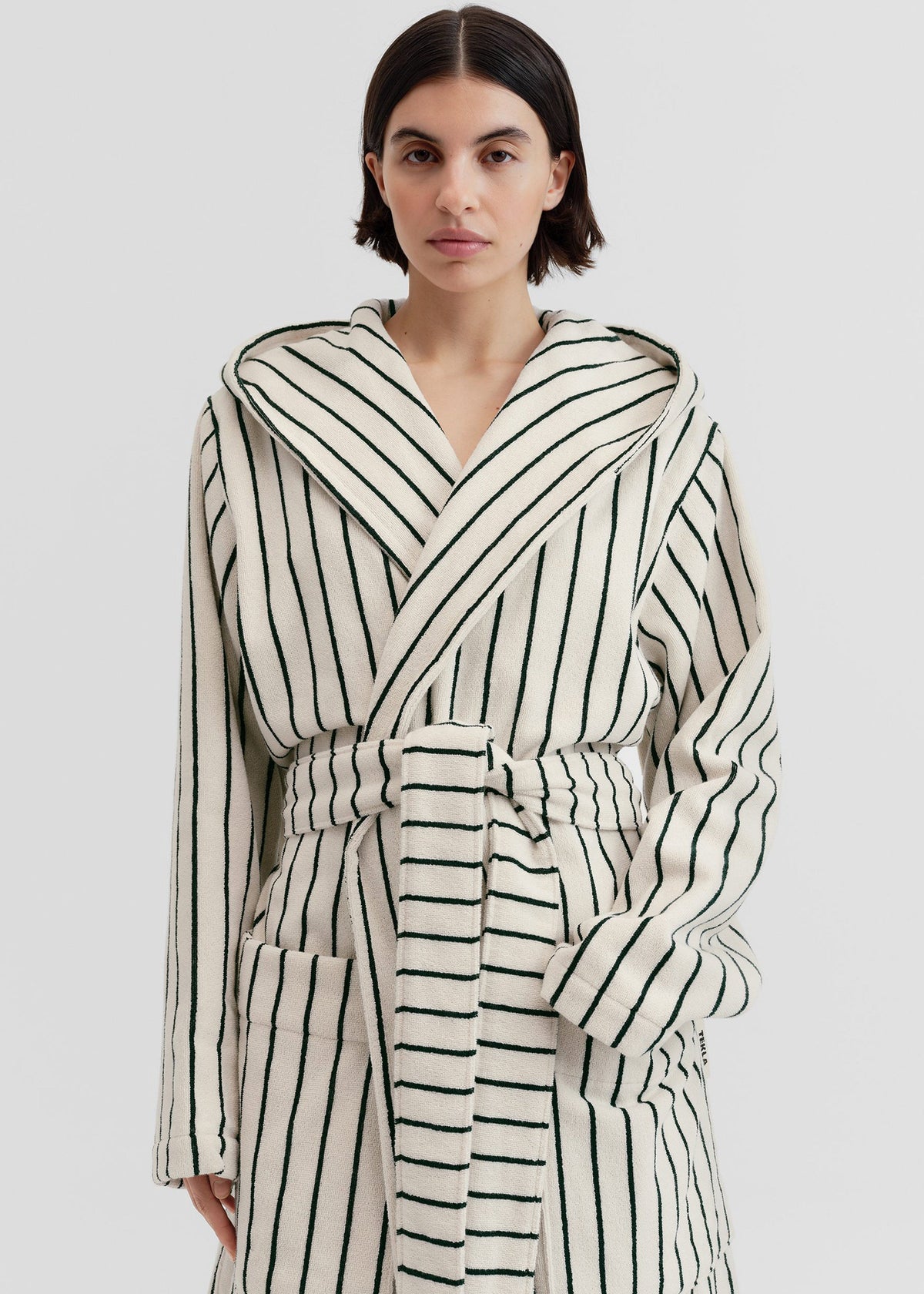 Tekla Hooded Bathrobe - Racing Green Stripes - 1