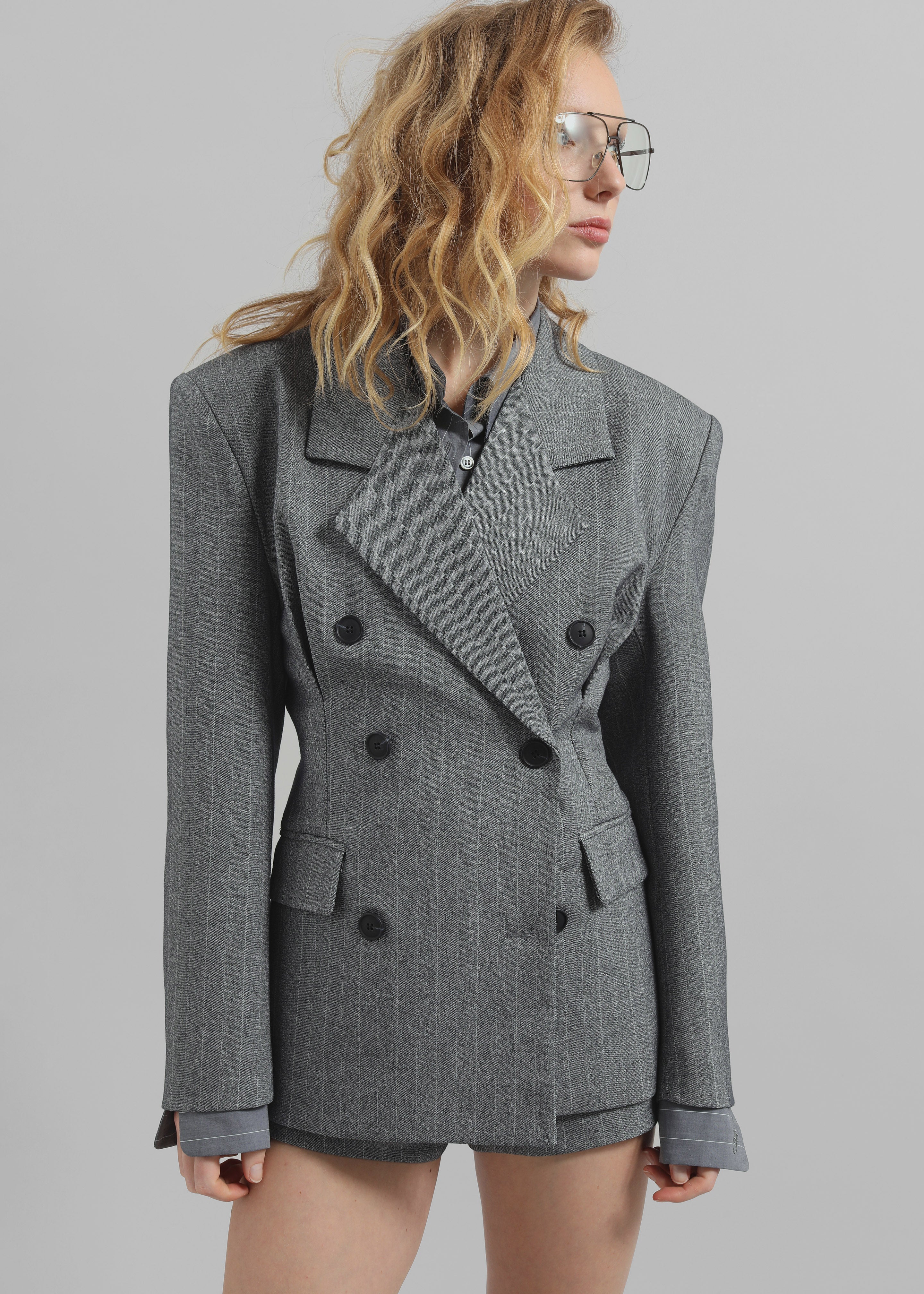 Tenby Striped Cinched Blazer - Grey Melange - 5