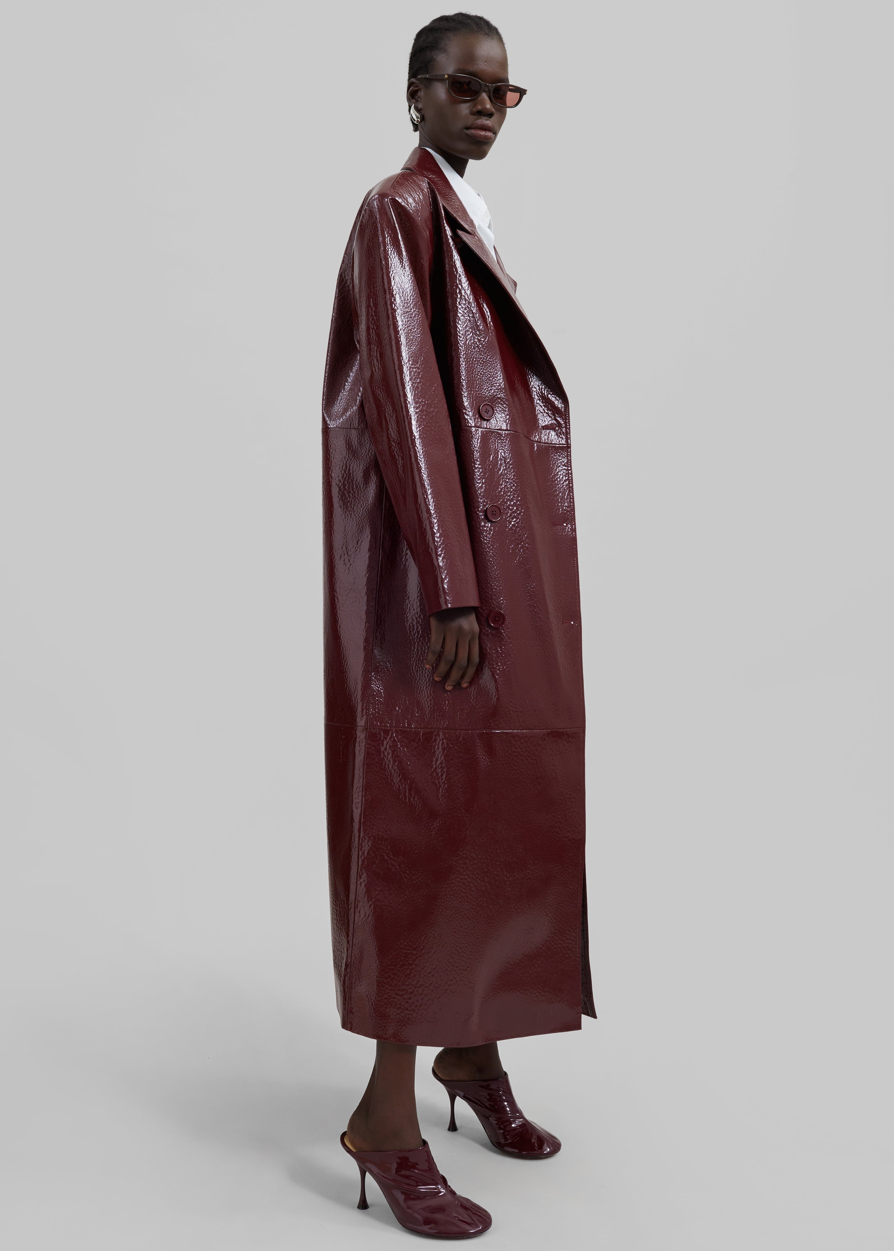 Tina Crackled Faux Leather Trench Coat - Burgundy - 4