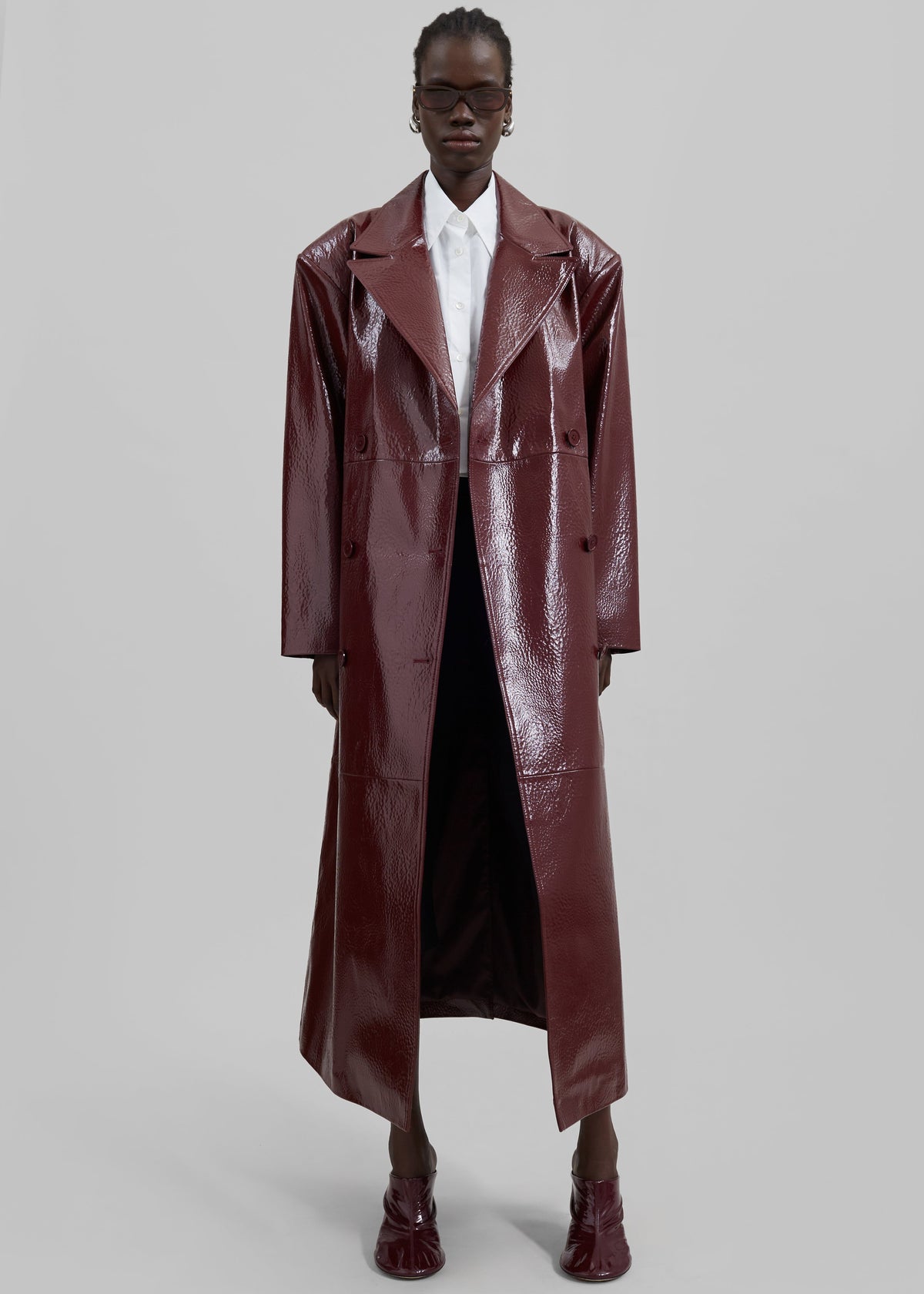 Tina Crackled Faux Leather Trench Coat - Burgundy - 3