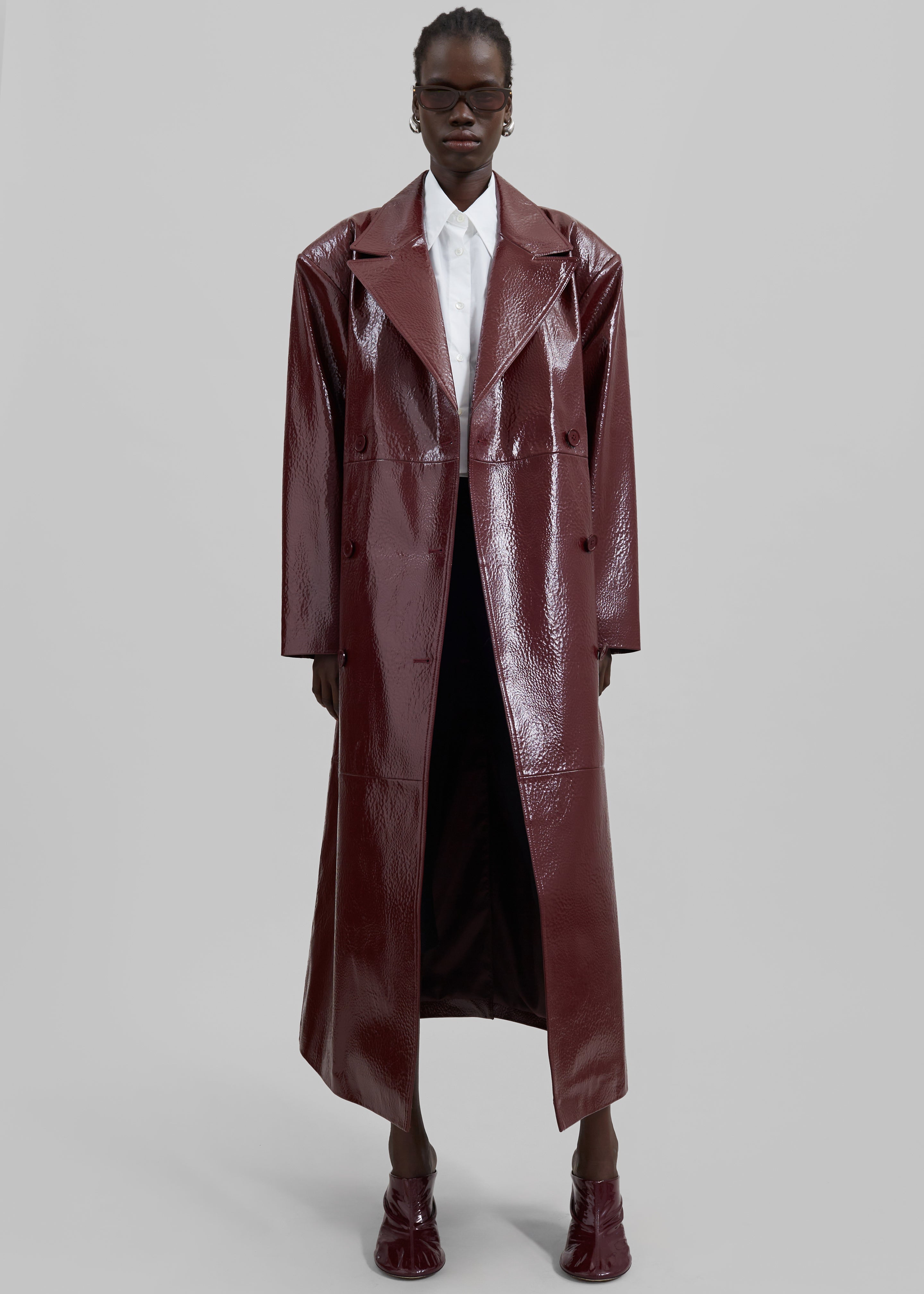 Tina Crackled Faux Leather Trench Coat - Burgundy - 3