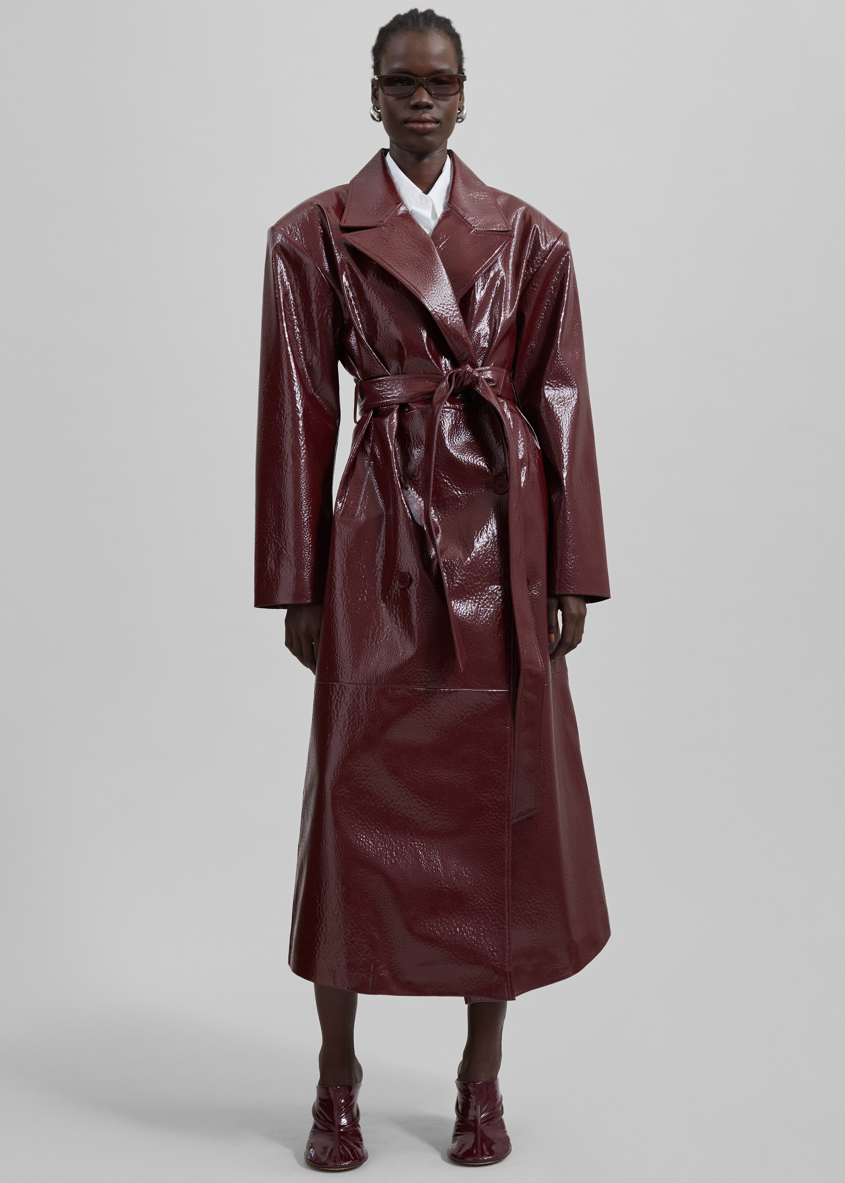 Tina Crackled Faux Leather Trench Coat - Burgundy - 5