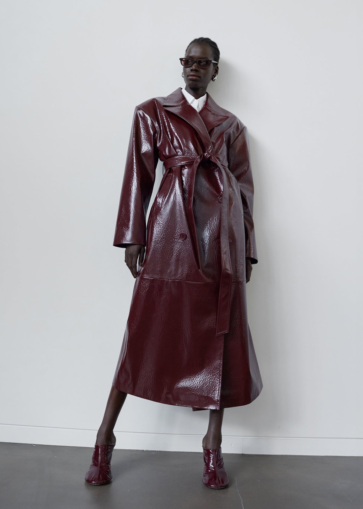 Tina Crackled Faux Leather Trench Coat - Burgundy - 1