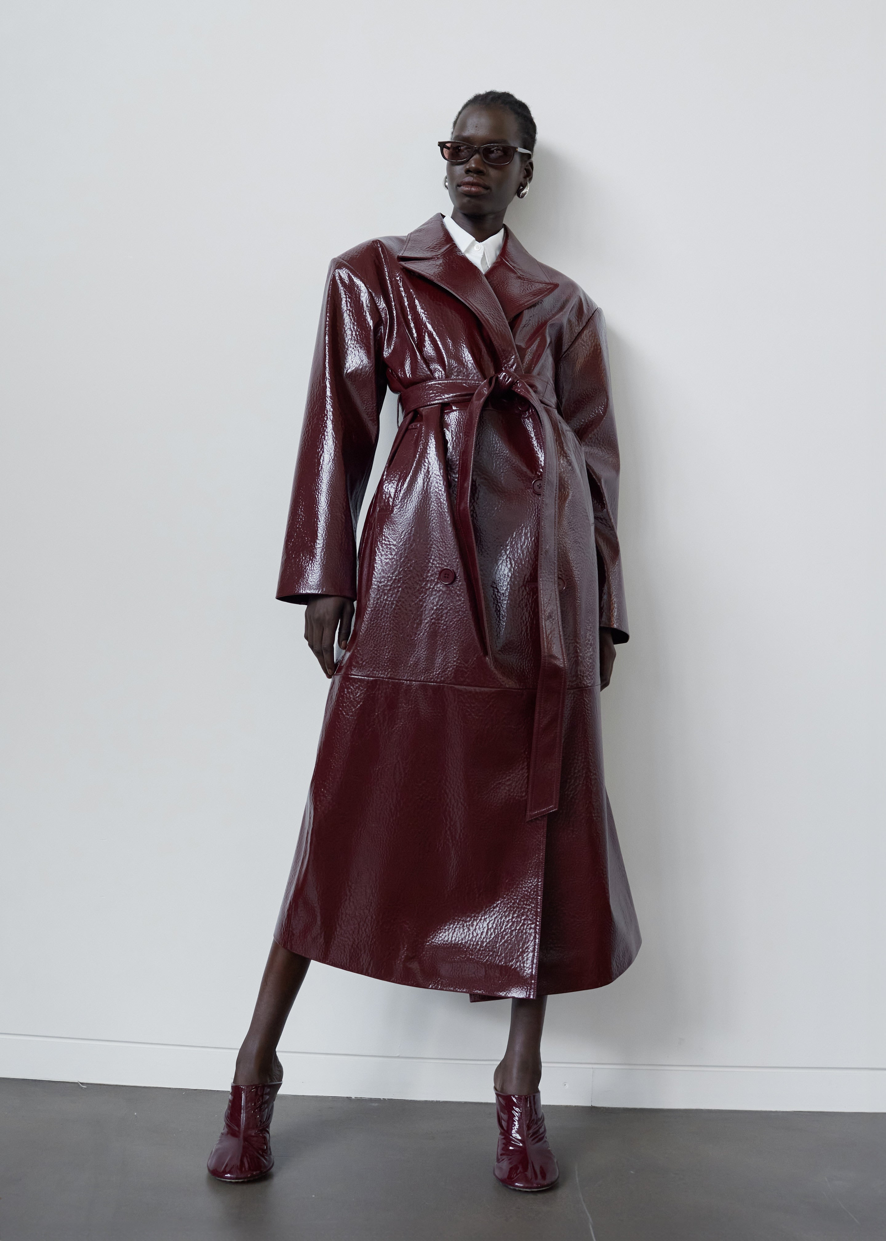 Tina Crackled Faux Leather Trench Coat - Burgundy - 1