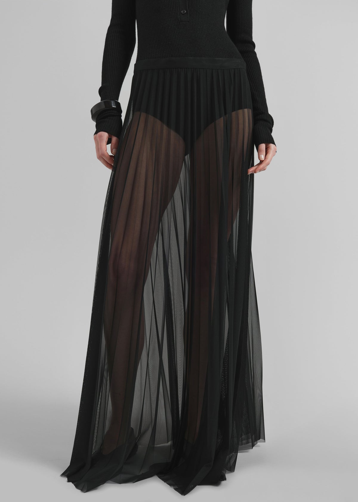 Vallen Pleated Mesh Maxi Skirt - Black - 5