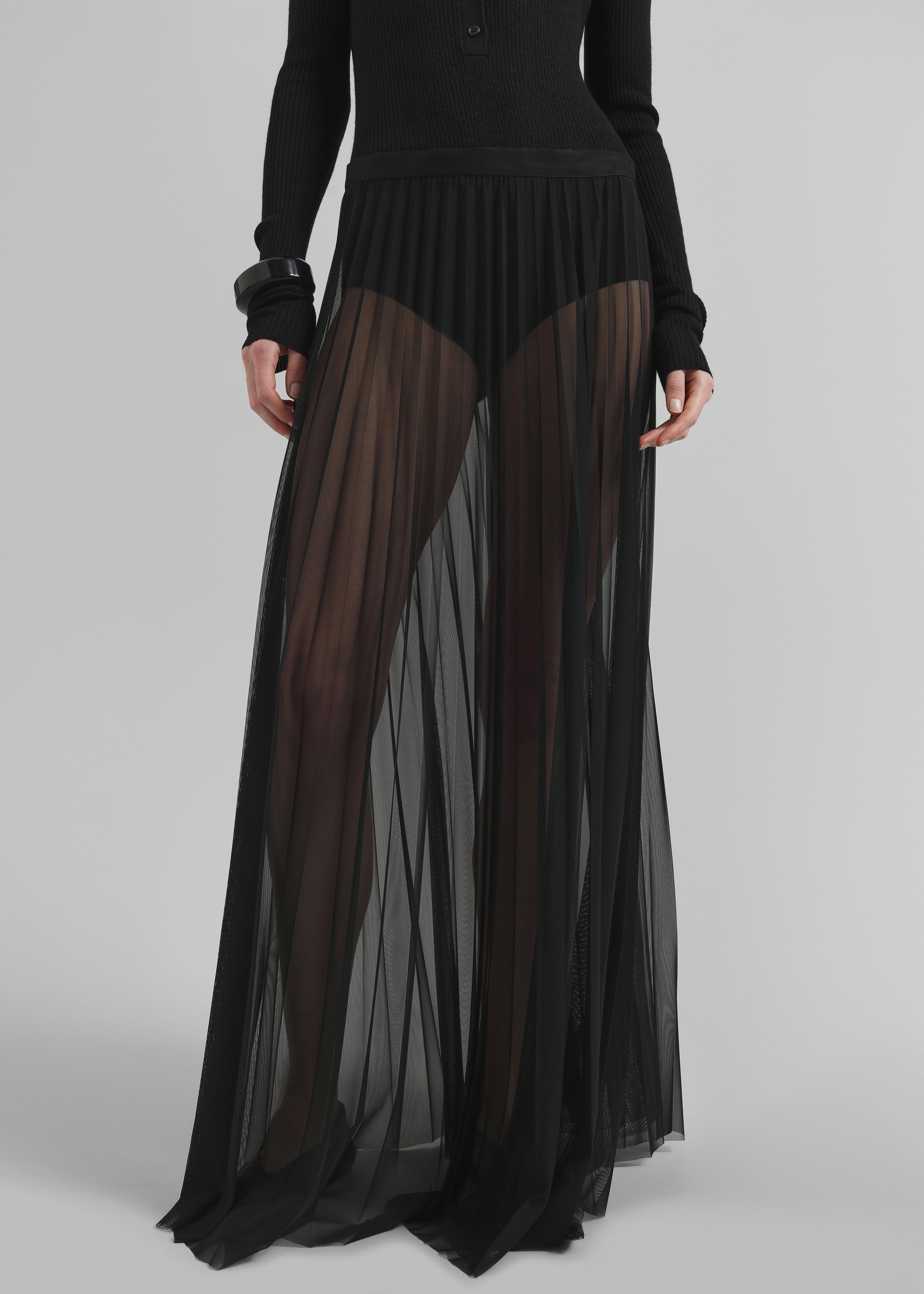 Vallen Pleated Mesh Maxi Skirt - Black - 5