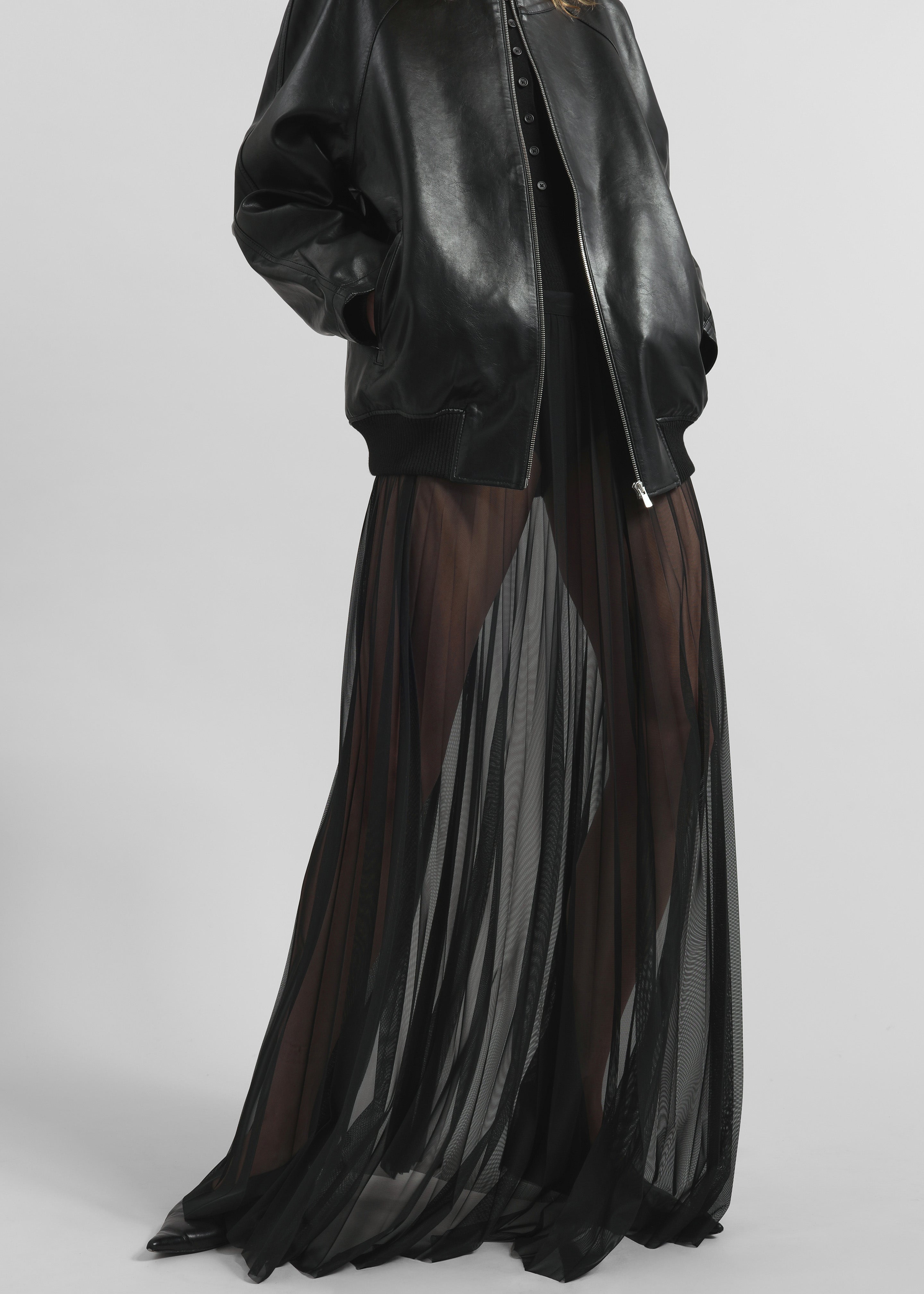 Vallen Pleated Mesh Maxi Skirt - Black - 2