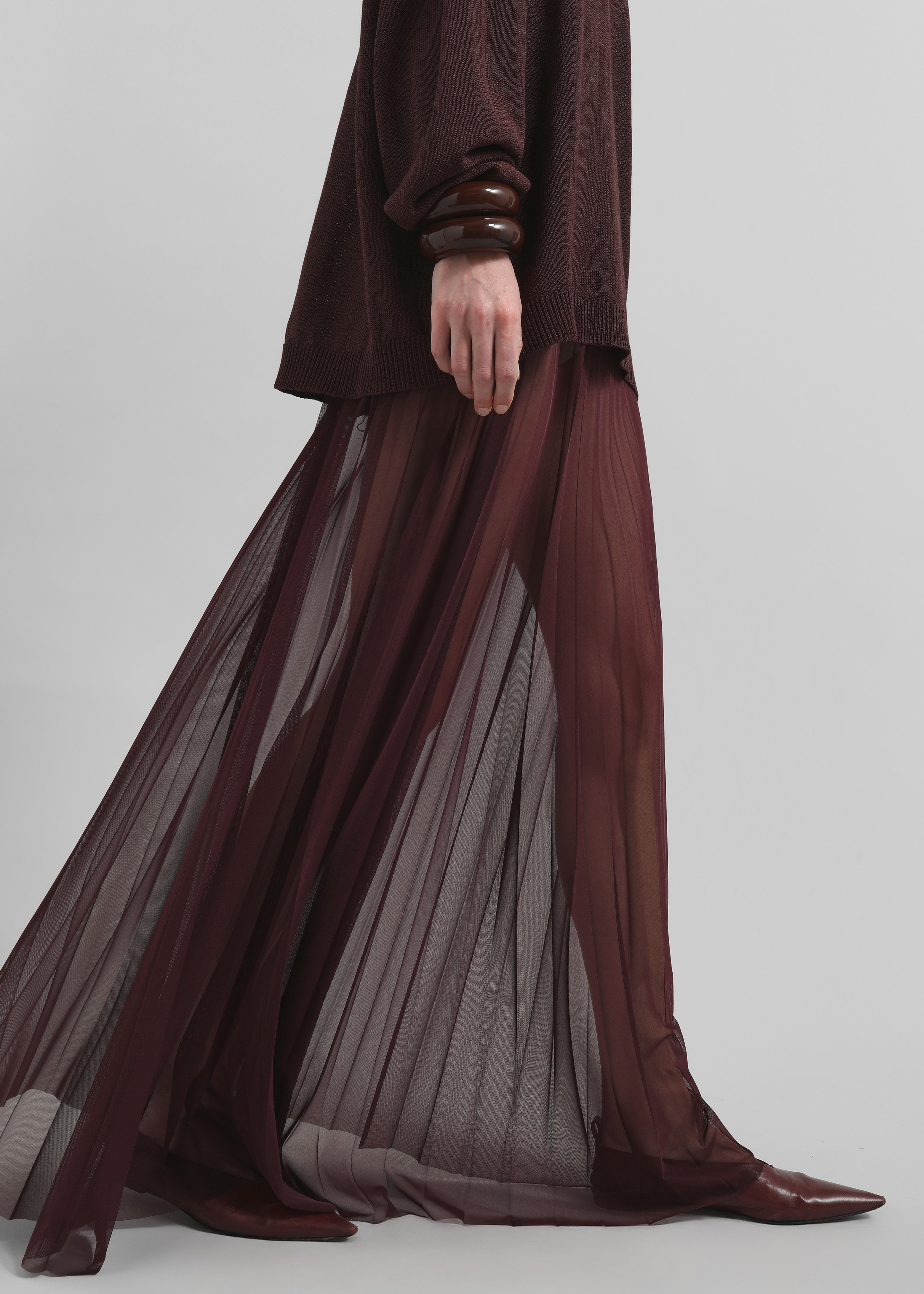 Vallen Pleated Mesh Maxi Skirt - Burgundy - 2