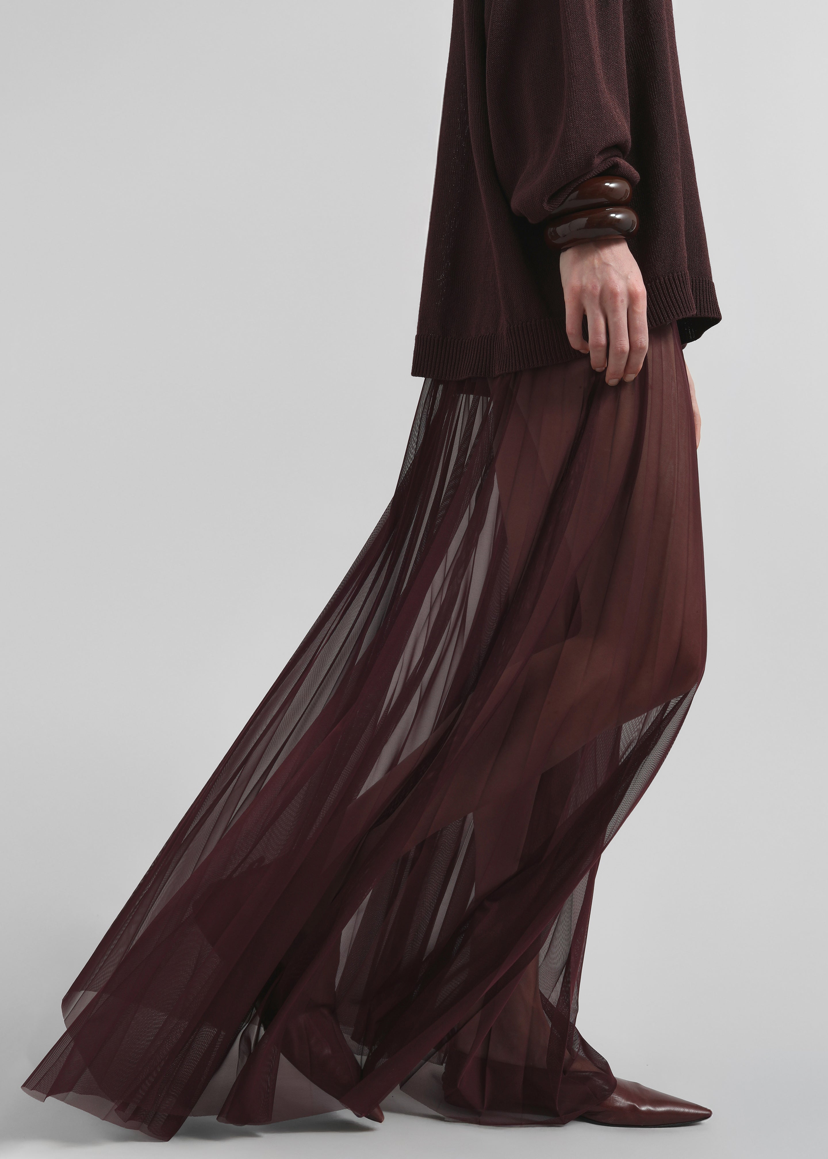 Vallen Pleated Mesh Maxi Skirt - Burgundy - 10