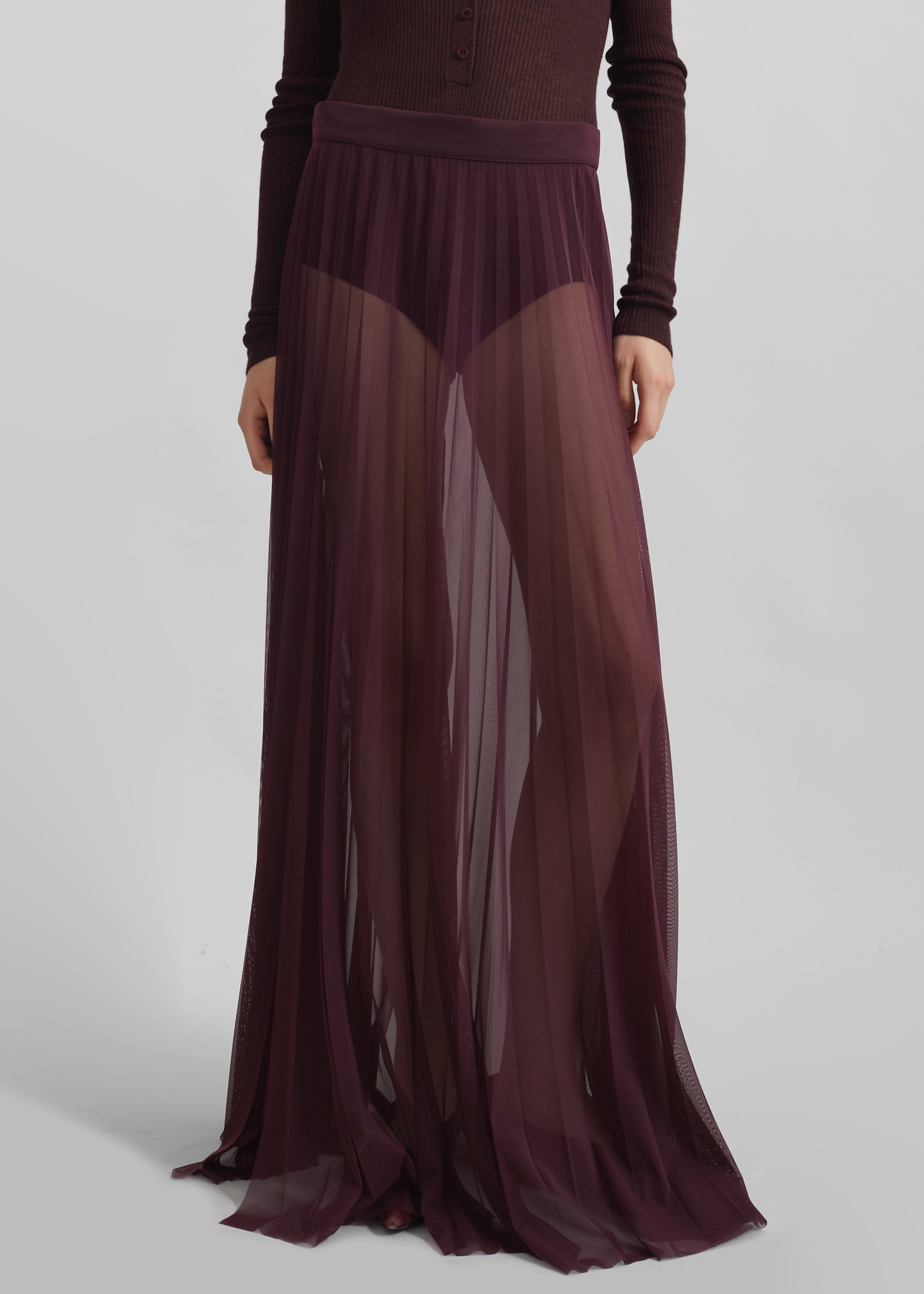 Vallen Pleated Mesh Maxi Skirt - Burgundy - 7