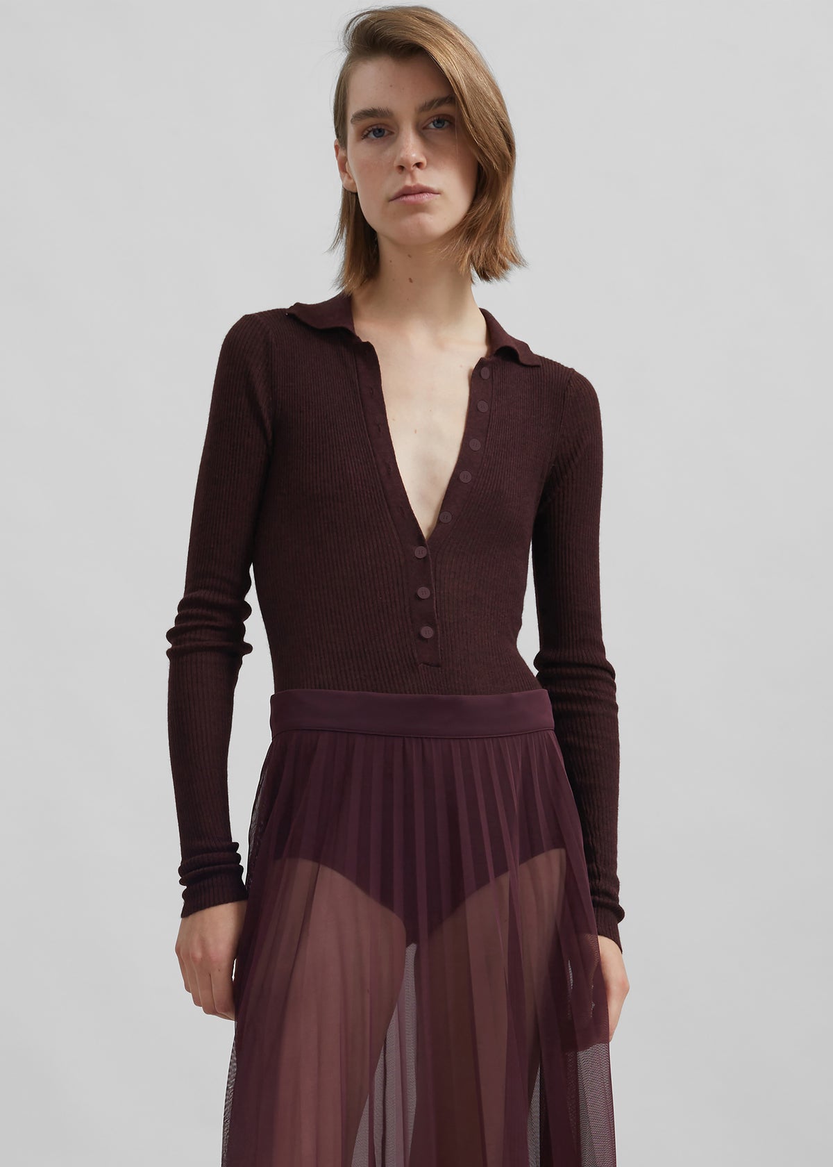 Vallen Pleated Mesh Maxi Skirt - Burgundy - 8