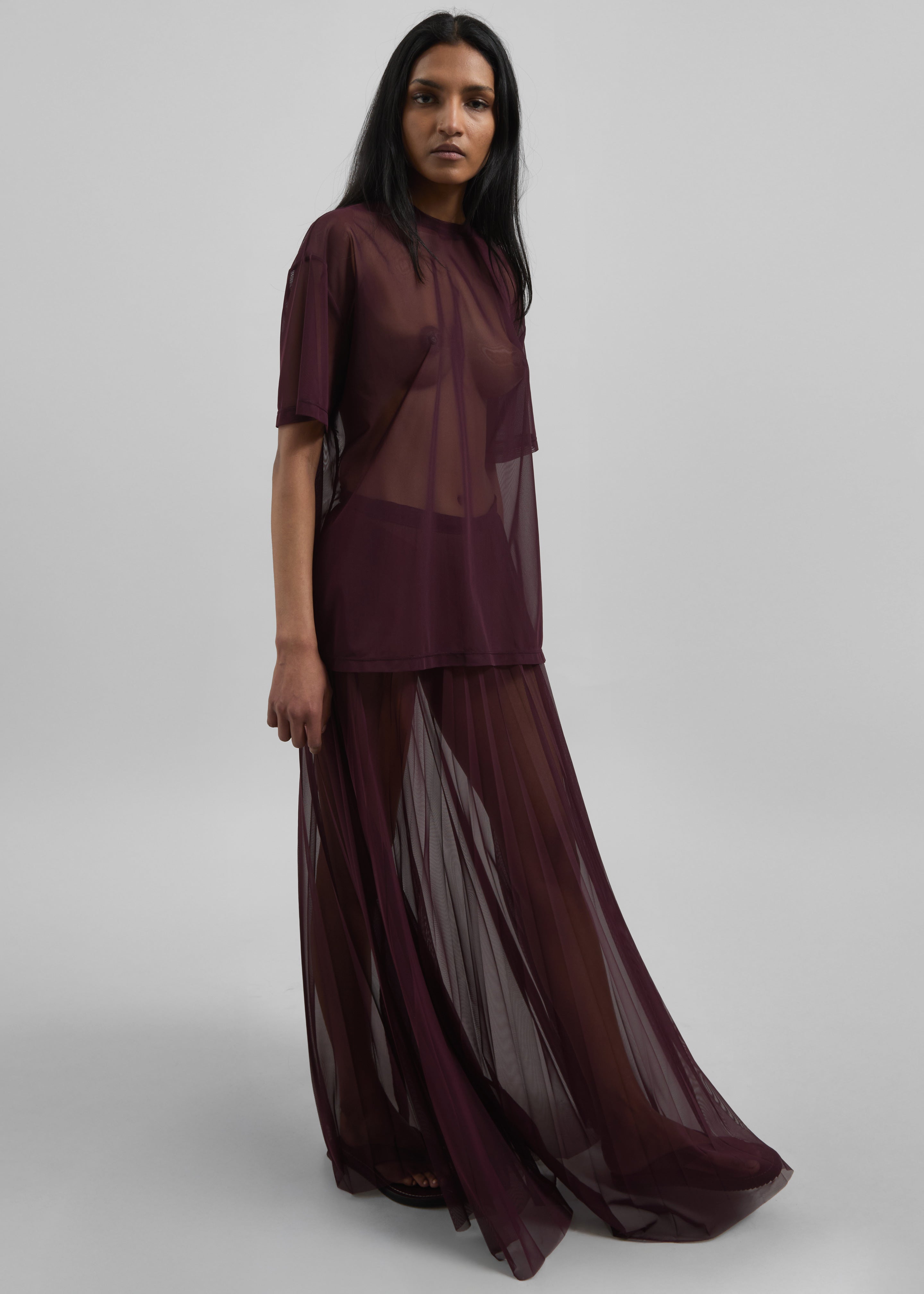 Vallen Pleated Mesh Maxi Skirt - Burgundy - 4