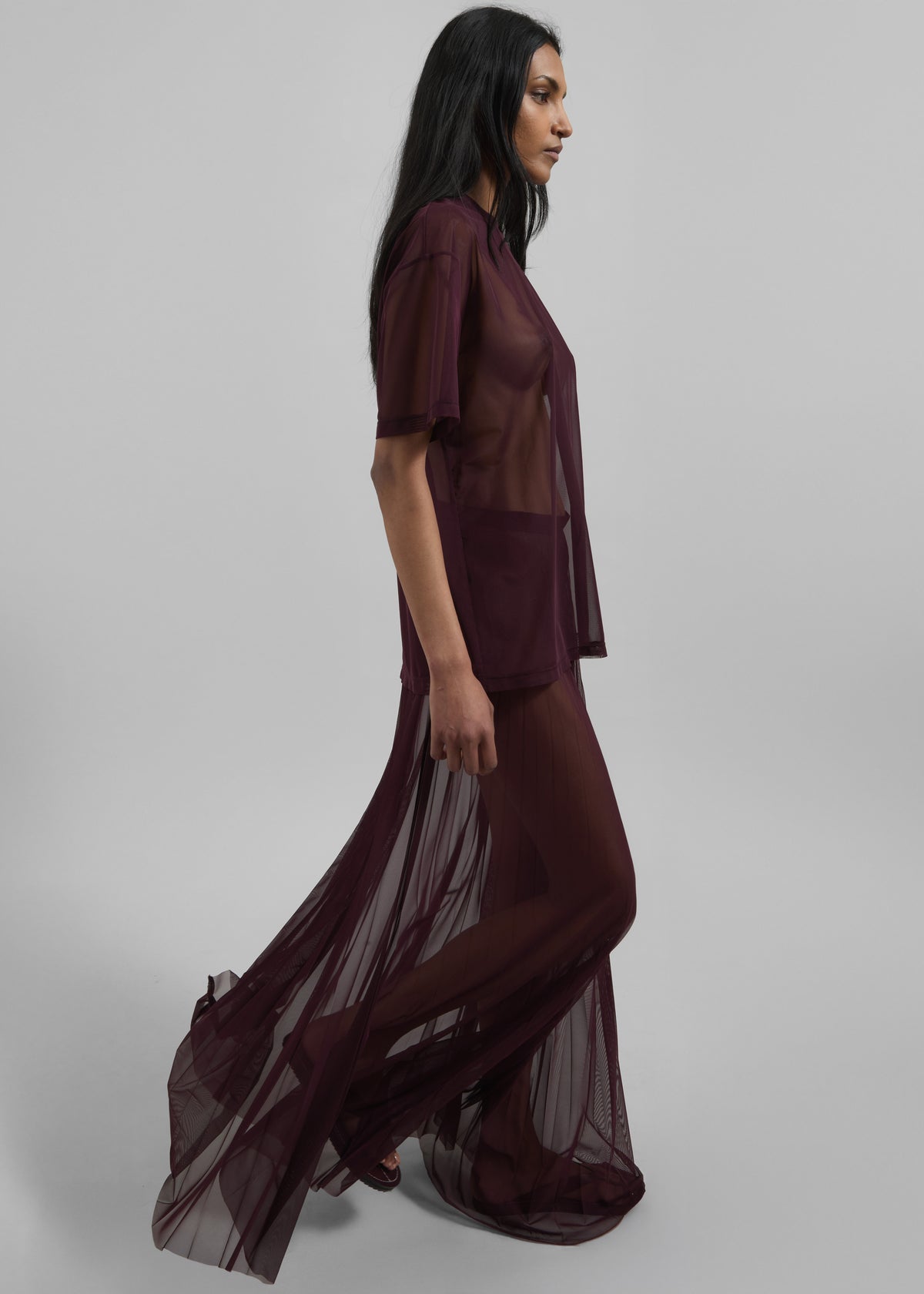 Vallen Pleated Mesh Maxi Skirt - Burgundy - 9