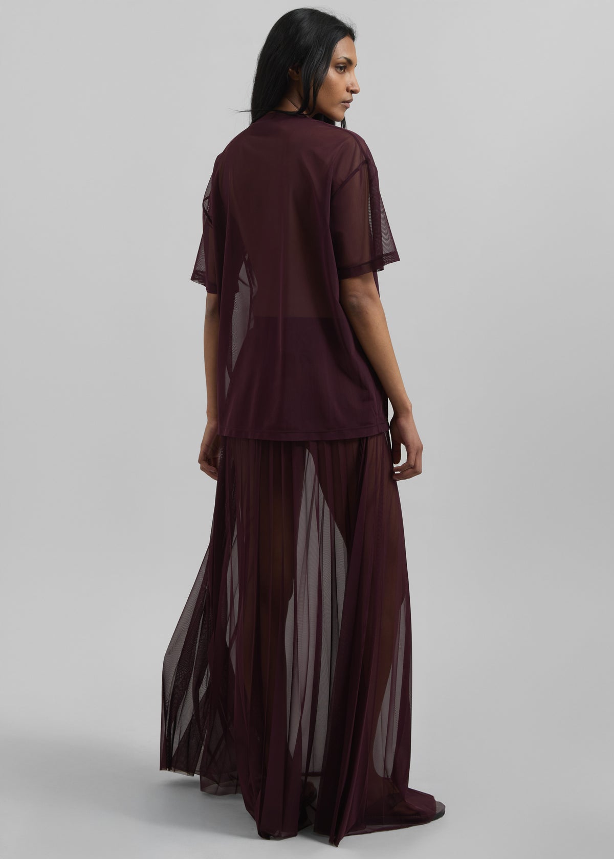 Vallen Pleated Mesh Maxi Skirt - Burgundy - 11