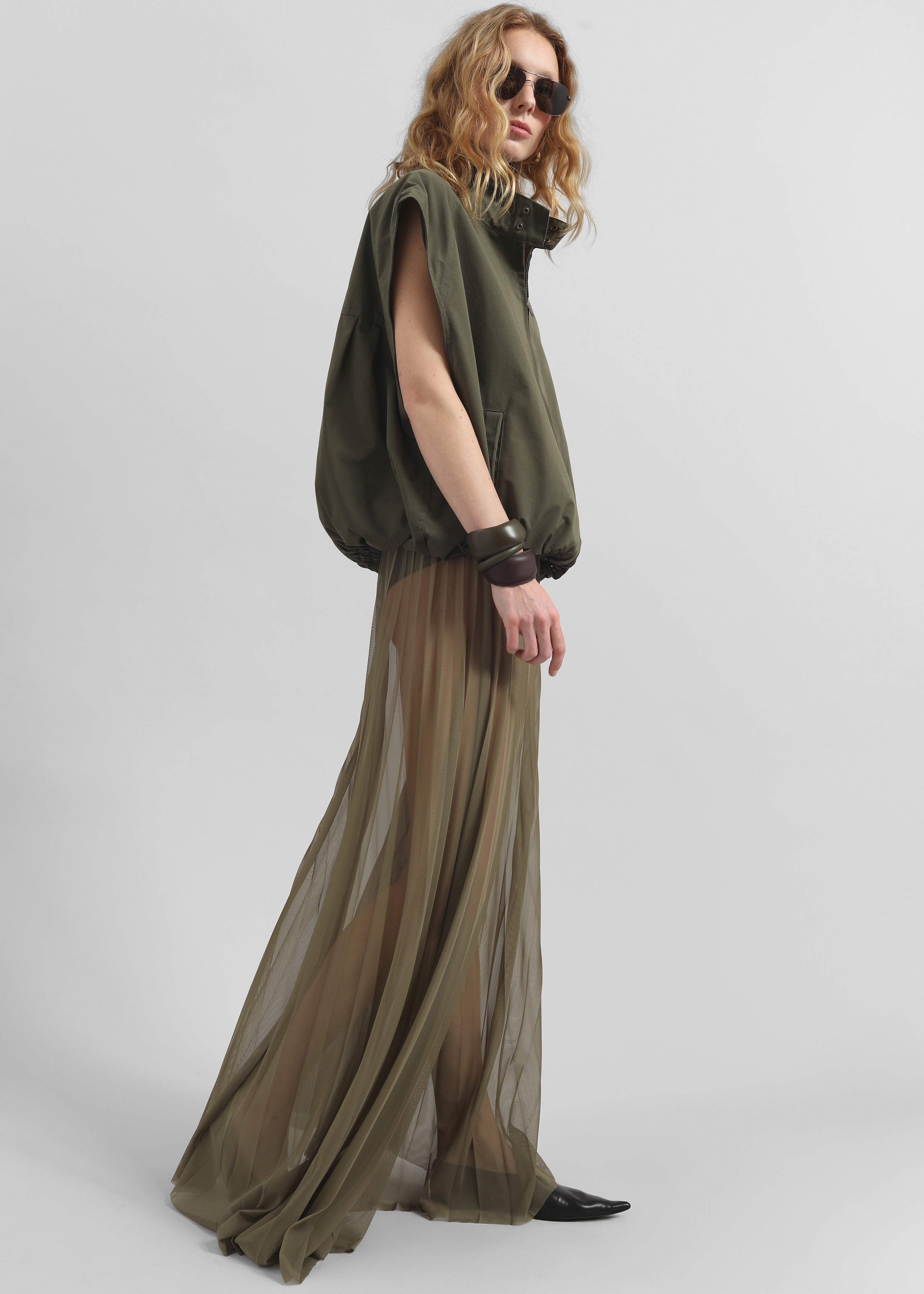 Vallen Pleated Mesh Maxi Skirt - Khaki - 8
