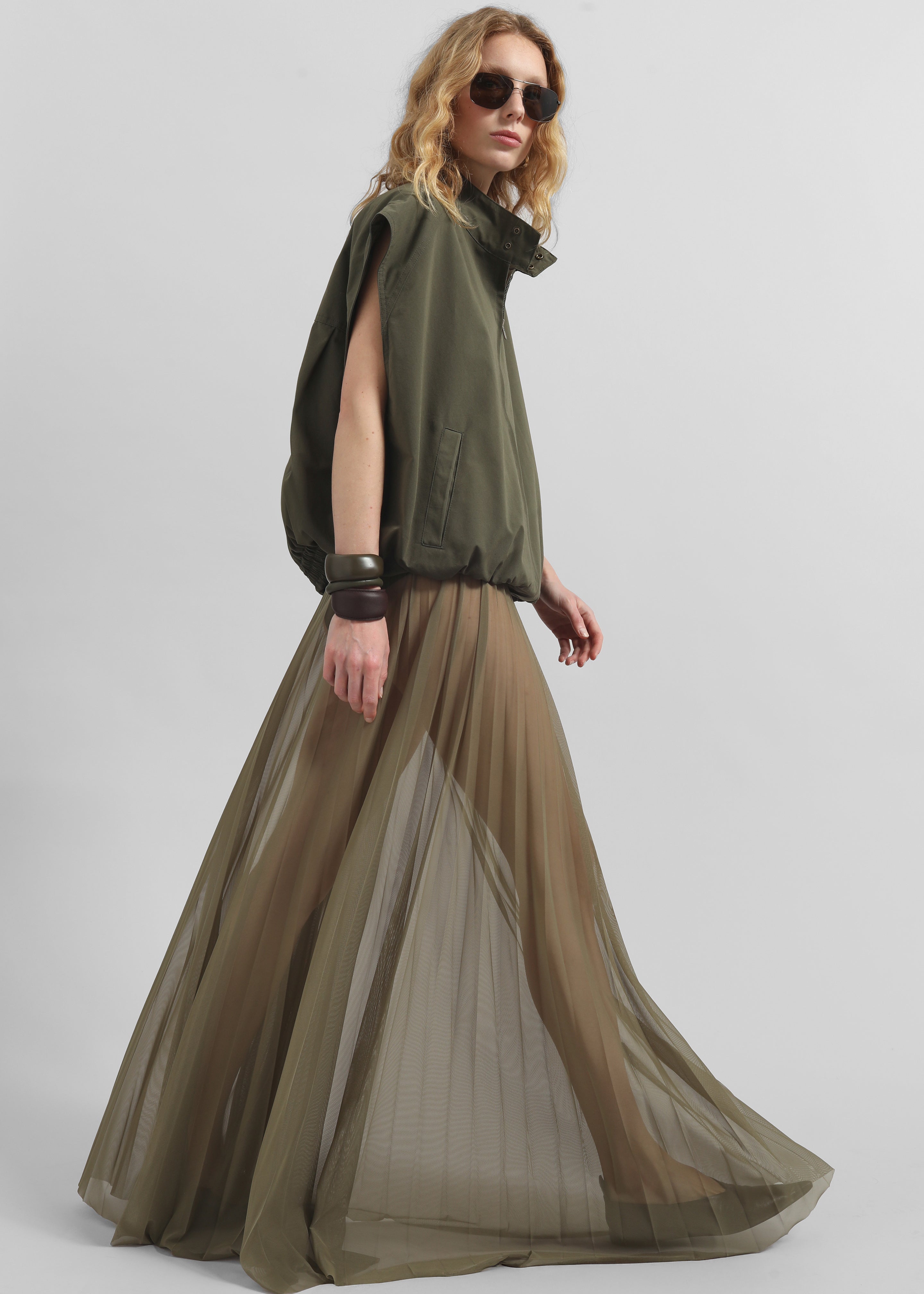 Vallen Pleated Mesh Maxi Skirt - Khaki - 1