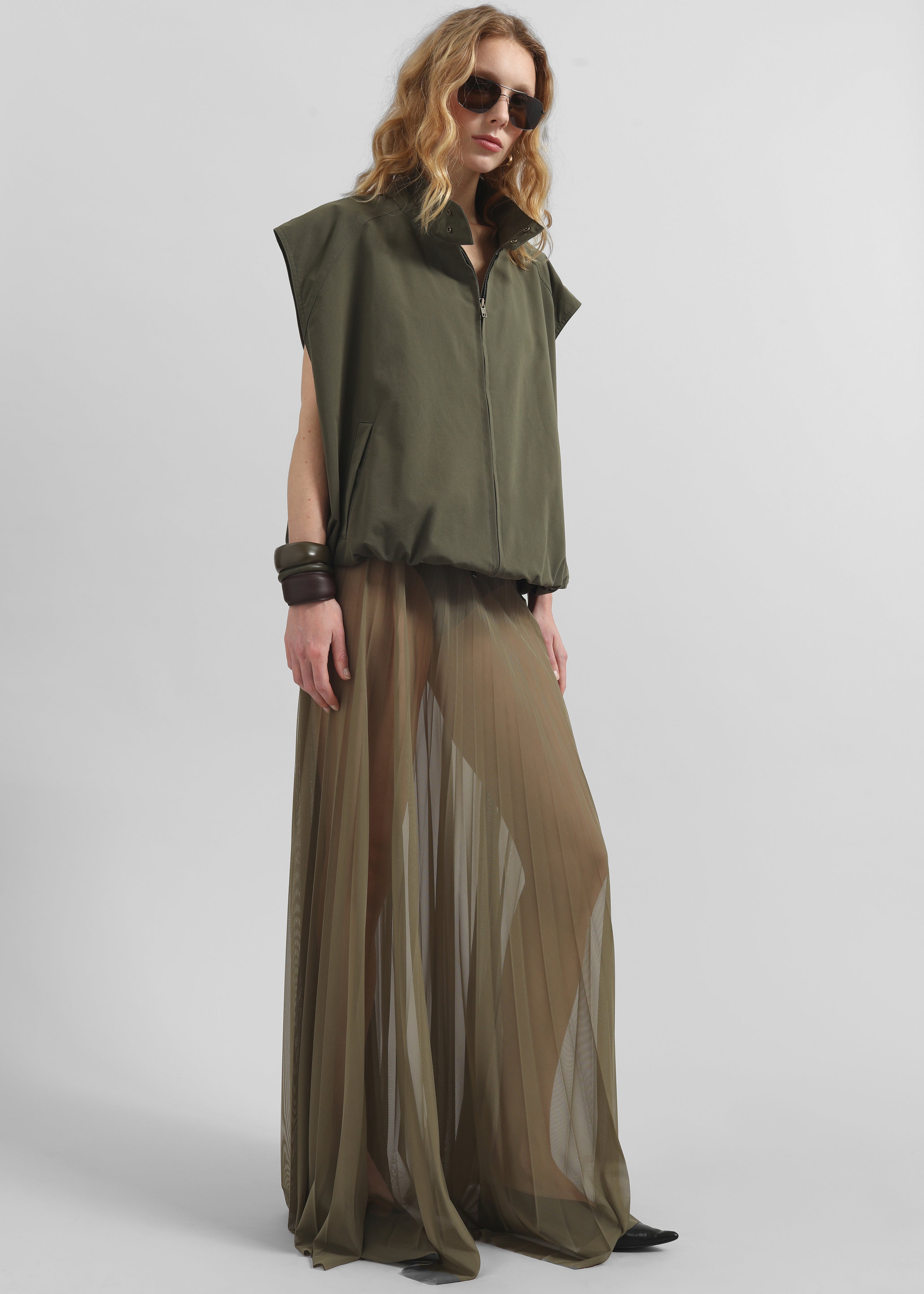 Vallen Pleated Mesh Maxi Skirt - Khaki - 9