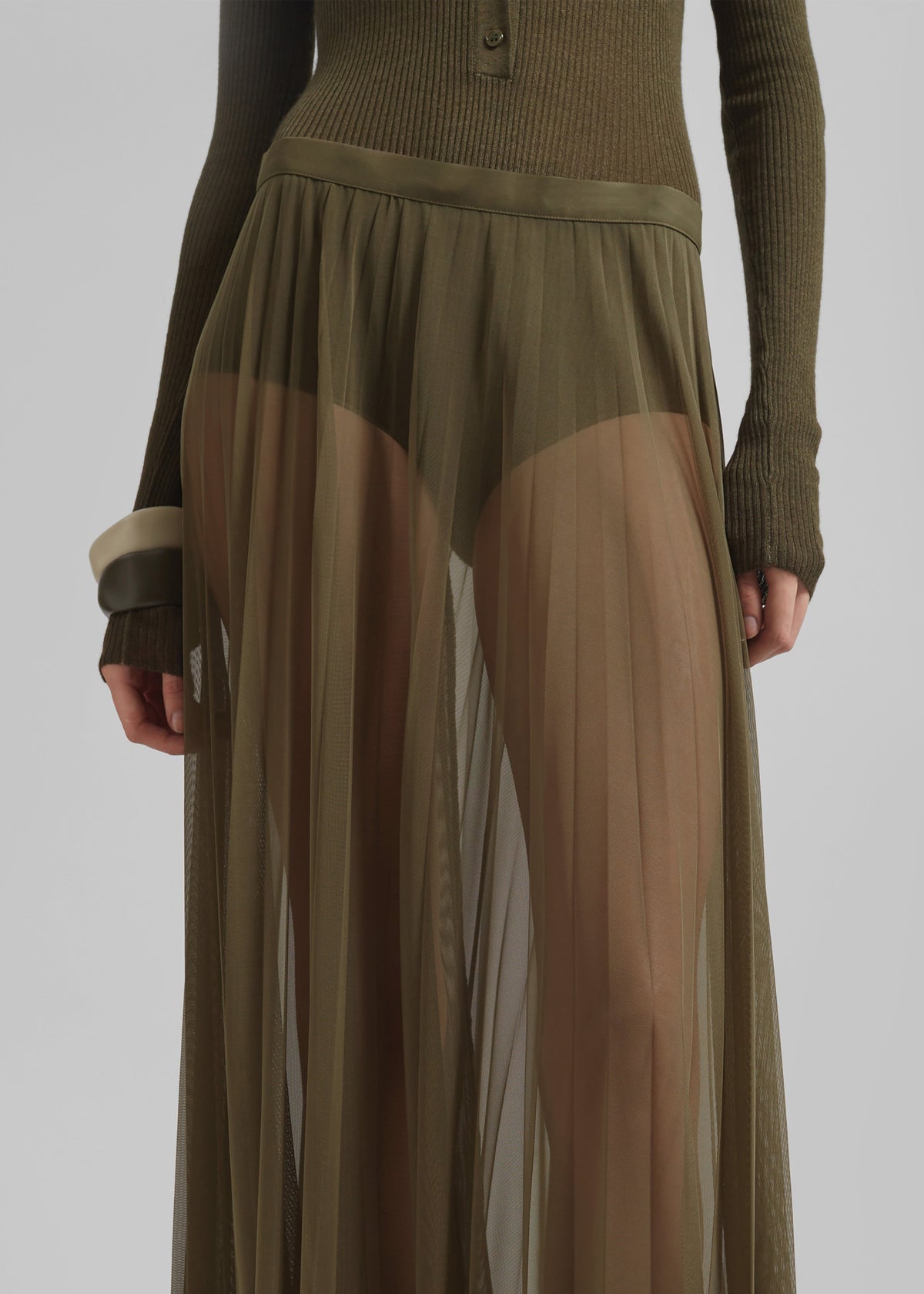 Vallen Pleated Mesh Maxi Skirt - Khaki - 4