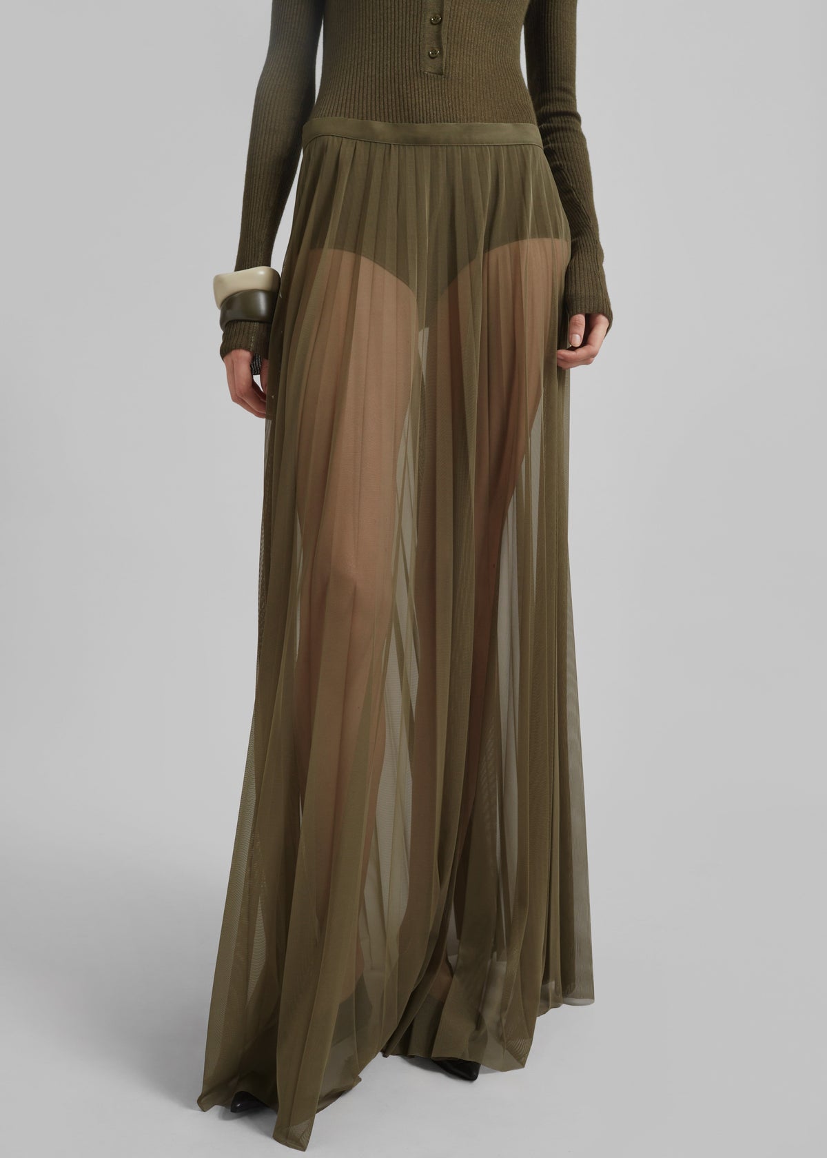 Vallen Pleated Mesh Maxi Skirt - Khaki - 6