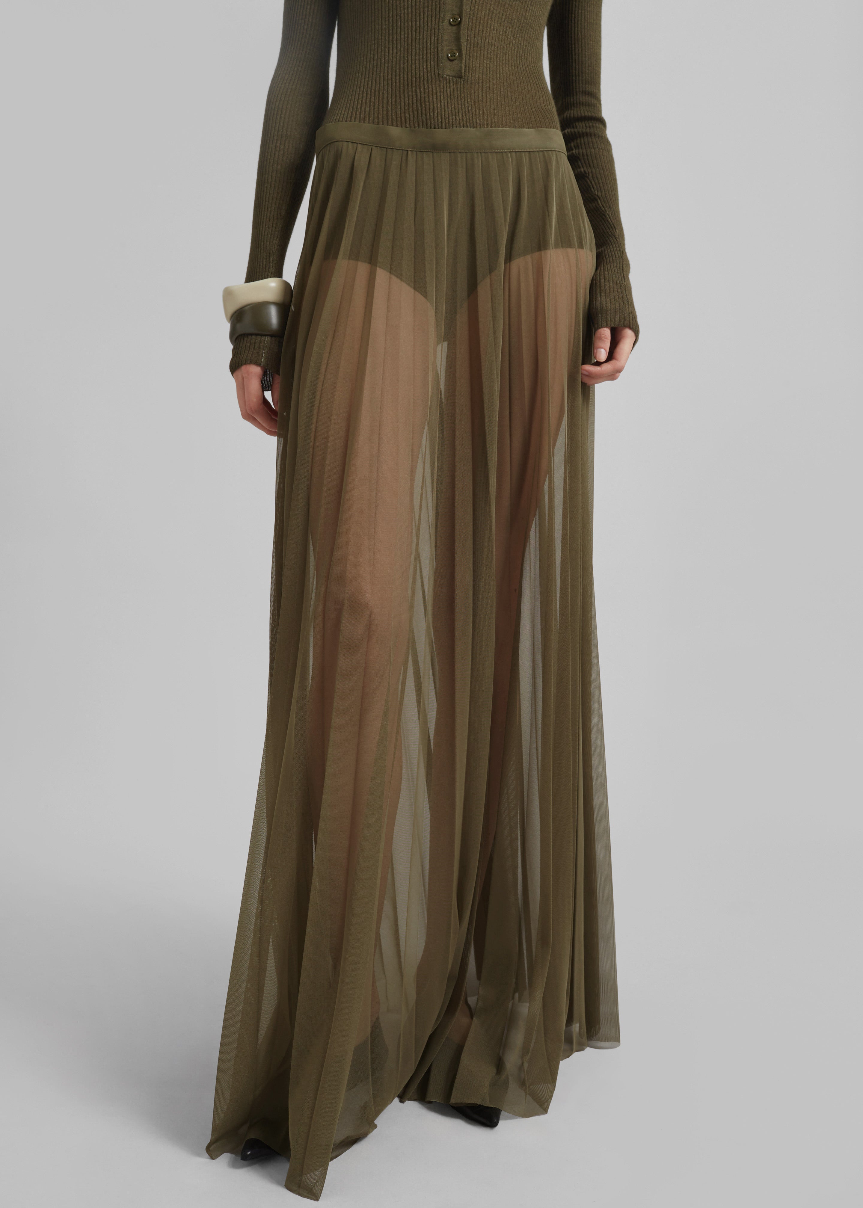 Vallen Pleated Mesh Maxi Skirt - Khaki - 6