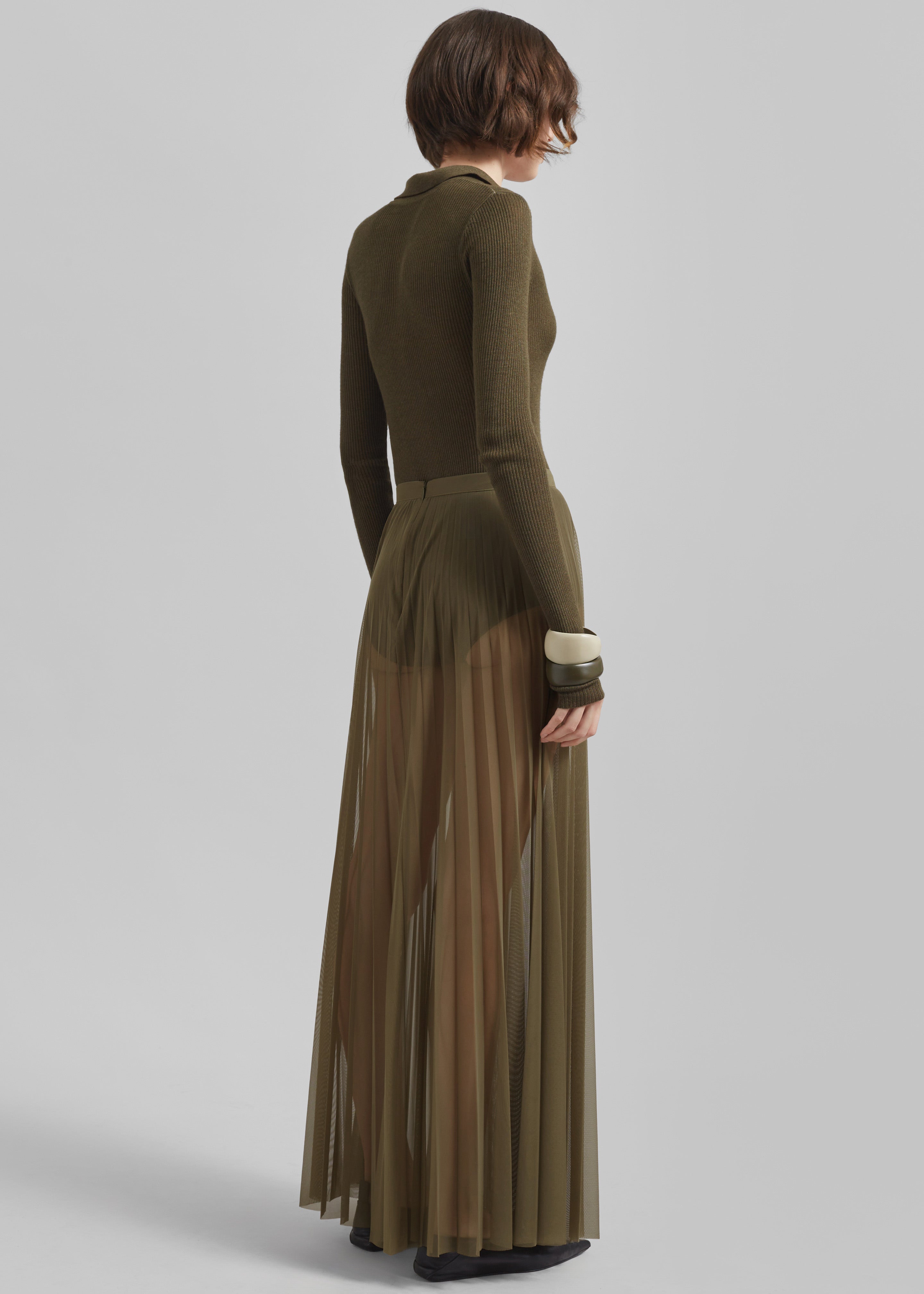 Vallen Pleated Mesh Maxi Skirt - Khaki - 10
