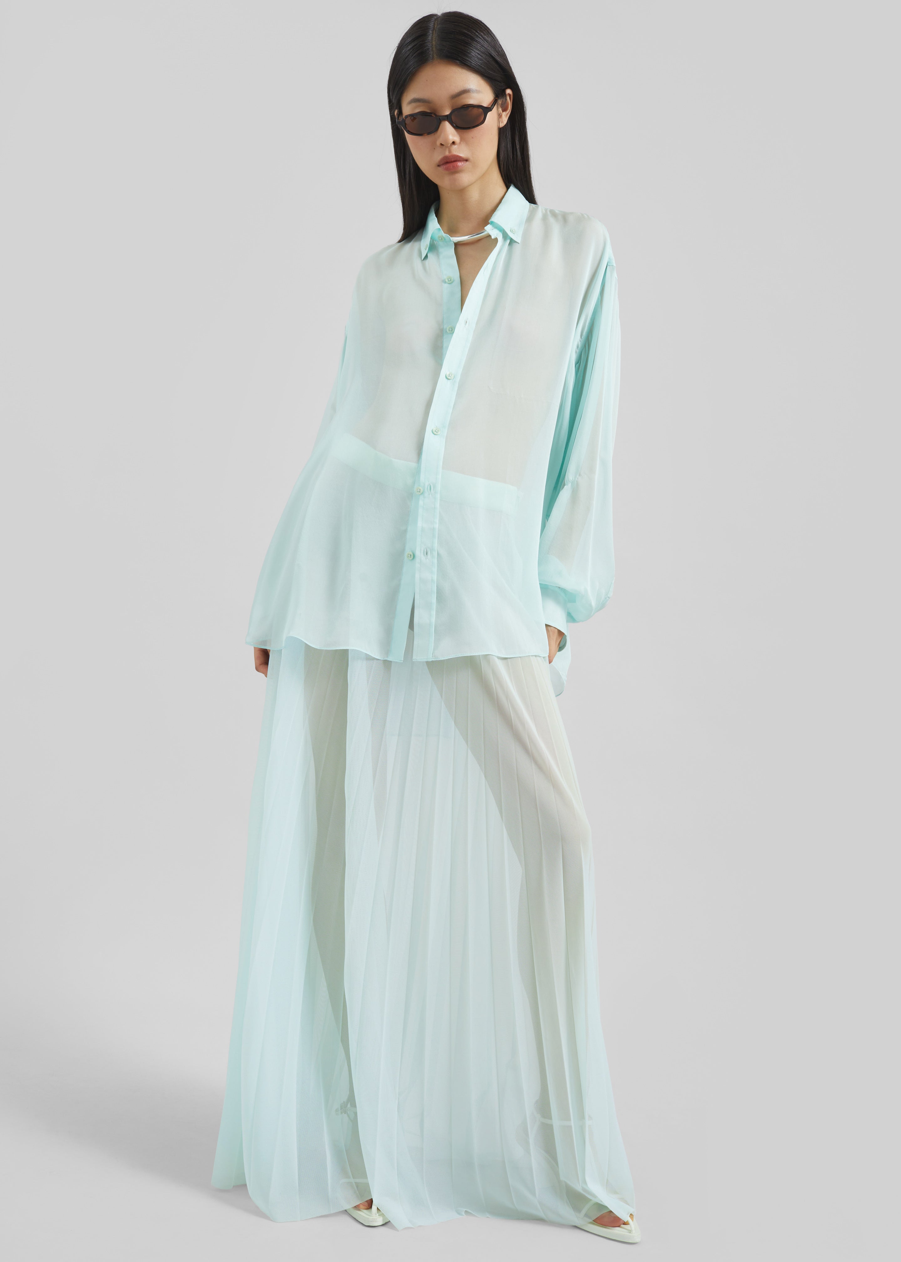Vallen Pleated Mesh Maxi Skirt - Mint - 6